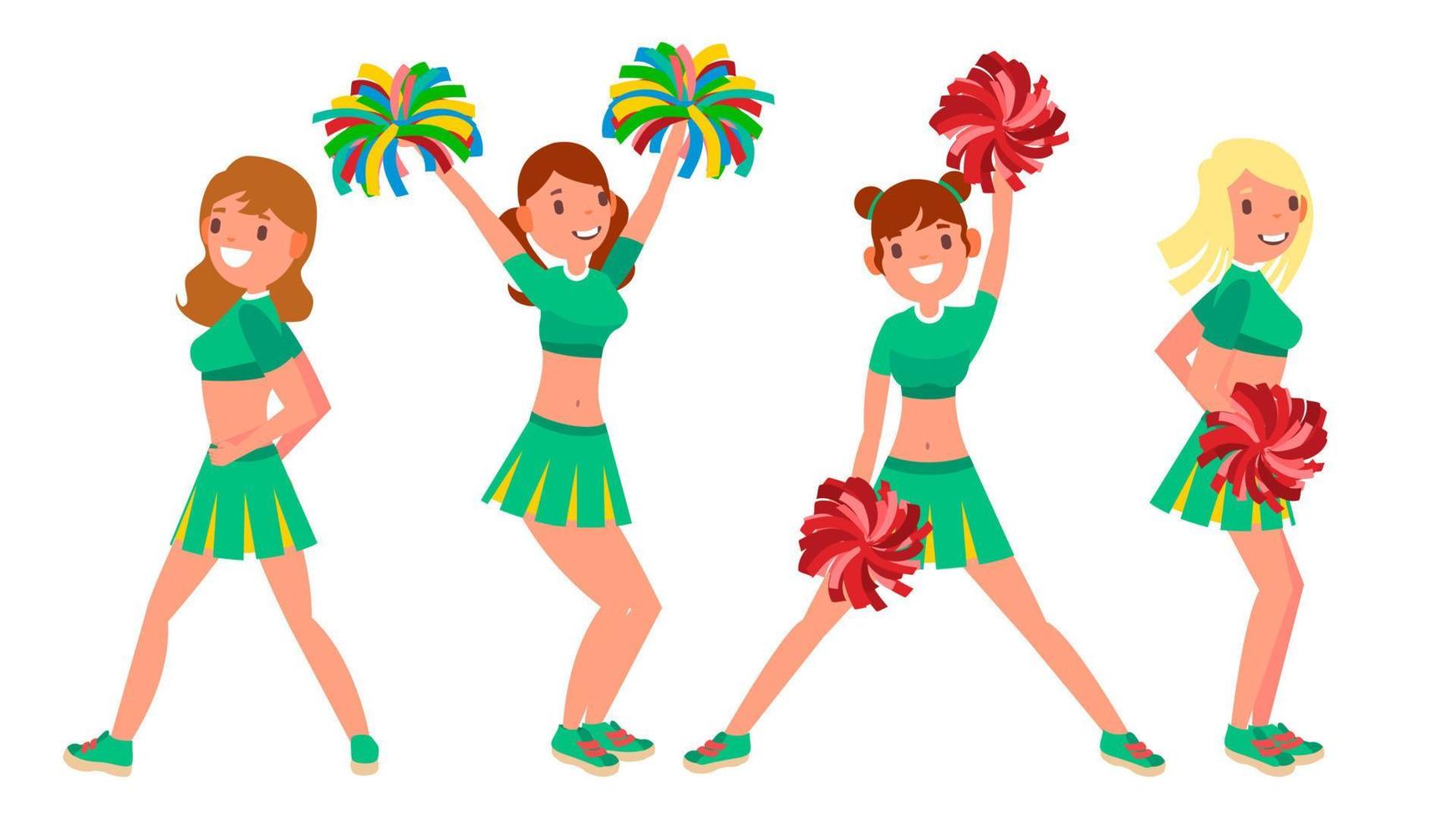 vector de animadora femenina. poses diferentes equipo de mujer sheerleading bailando. equipo de gimnasta en uniforme. aislado en blanco ilustración de personaje de dibujos animados