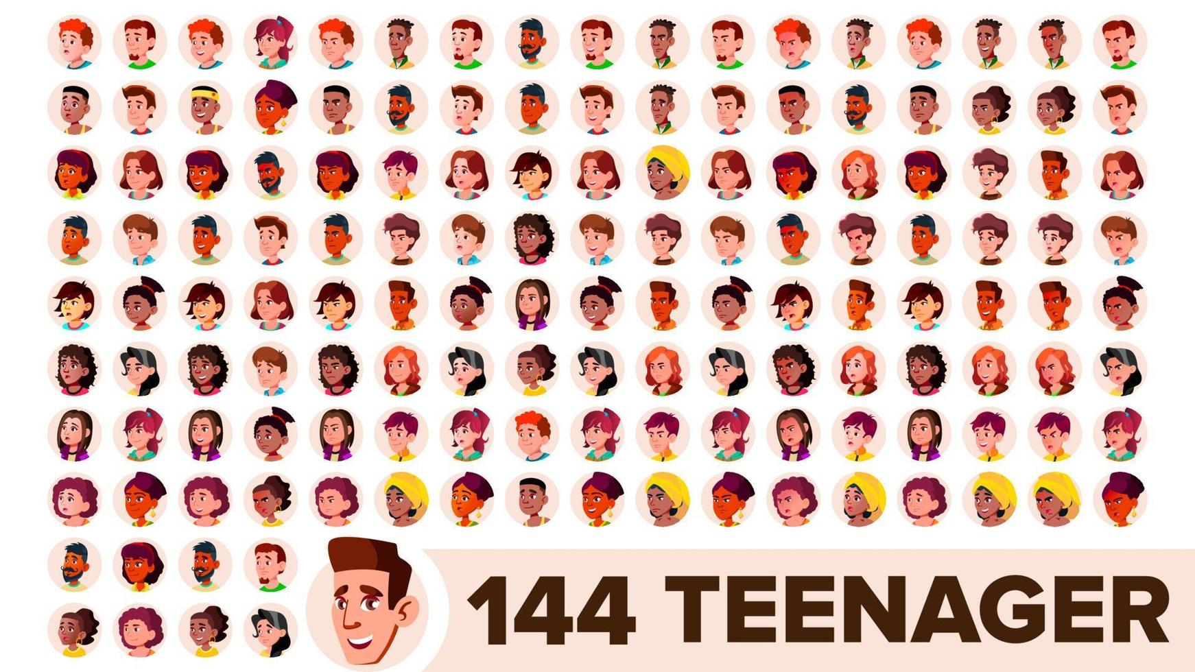 Teenager Avatar Set Vector. Girl, Guy. Multi Racial. Face Emotions. Multinational User People Portrait. Male, Female. Ethnic. Modern Default Placeholder Icon. Flat Cartoon Illustration vector
