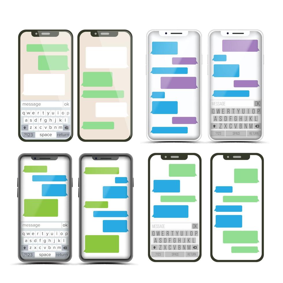 Mobile Screen Messaging Set Vector. Chat Bot Bubbles. Mobile App Messenger Interface. Communication Concept. Smartphone With Chat On Screen. Text Boxes. Notification Icons. Illustration vector