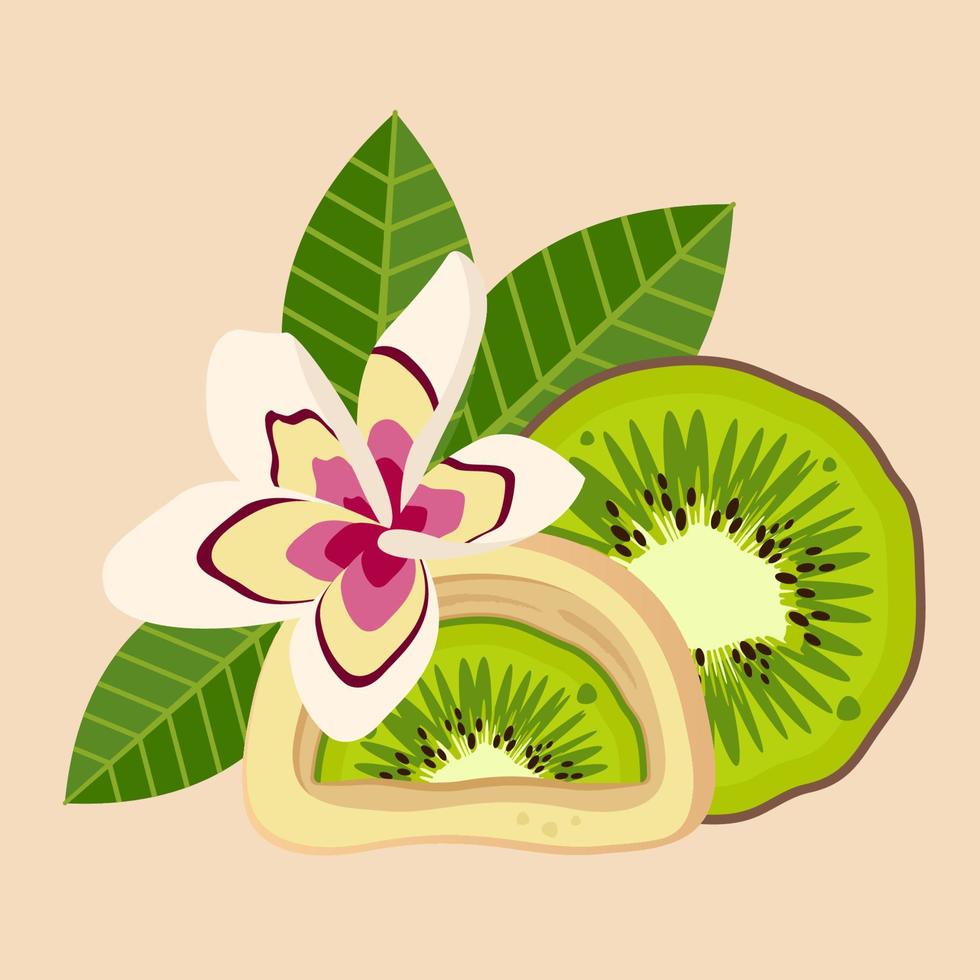 Composition of Mochi, kiwi fruit and sakura blossoms. Japanese cakes made from rice flour. Vector flat drawn illustration for restaurant dishes, menu, sweet, cooking concept