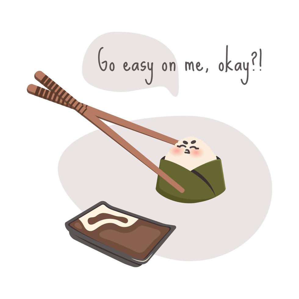 Onigiri. Sushi chopsticks hold dissatisfied angry cartoon character. National Japanese food. Doodle drawn vector illustration for menu, poster, flyer, banner, cooking concept