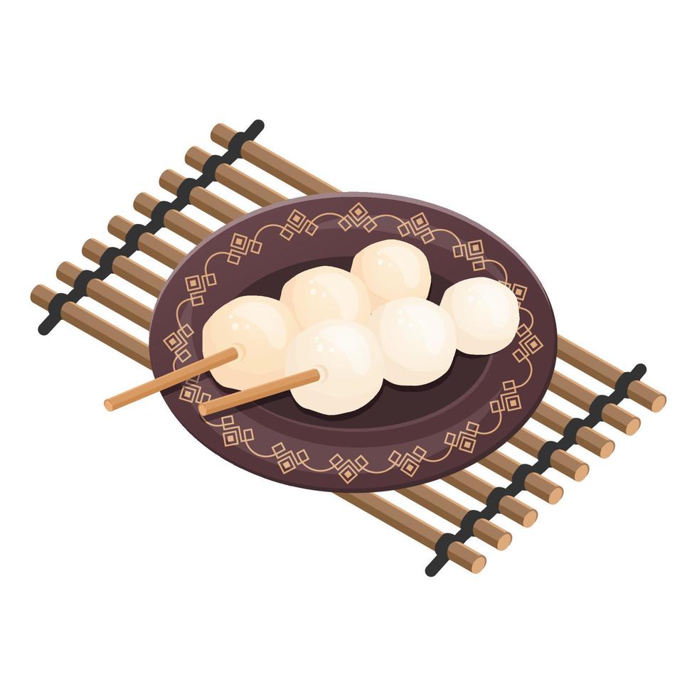 Japanese Dango. Rice balls skewered to stick on porcelain plate. Asian sweet. Vector flat drawn illustration for restaurant dishes, menu, poster, flyer, banner, delivery, cooking concept