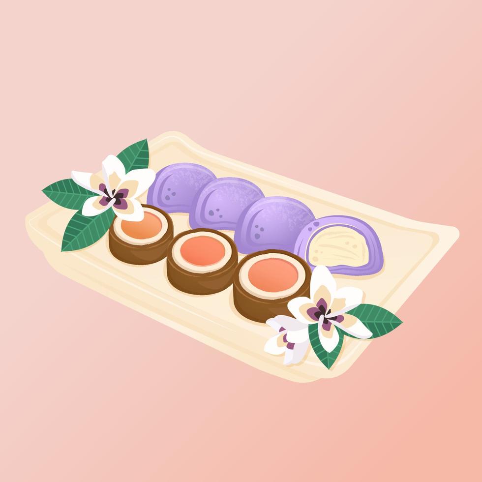 Set of Asian dessert. Chinese rice cookies and Japanese Mochi with sakura blossoms. Vector flat drawn illustration for restaurant dishes, menu, poster, flyer, banner, delivery, cooking concept