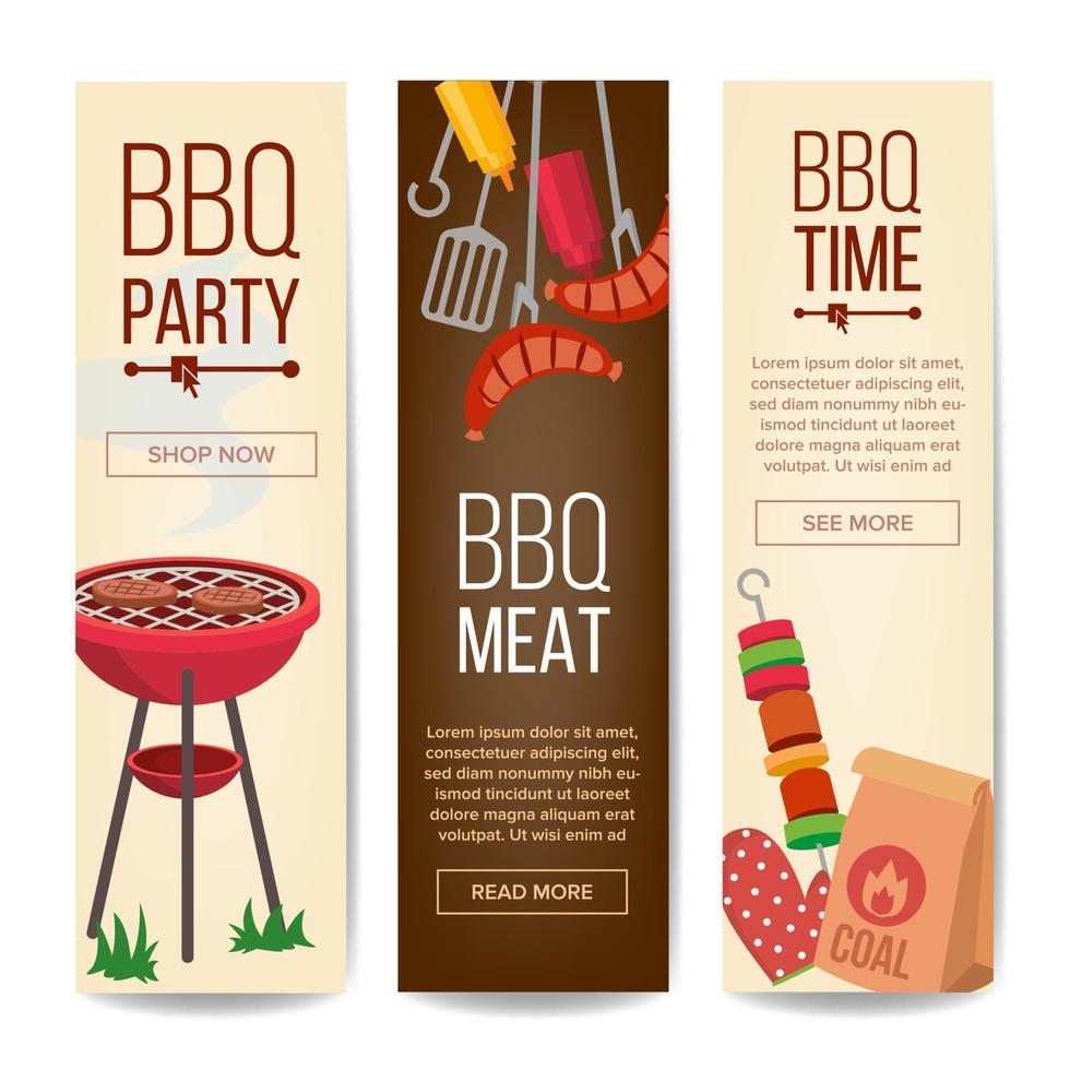 BBQ Vertical Promotion Banners Vector. Barbecue, Charcoal, Hamburgers. Isolated Illustration vector