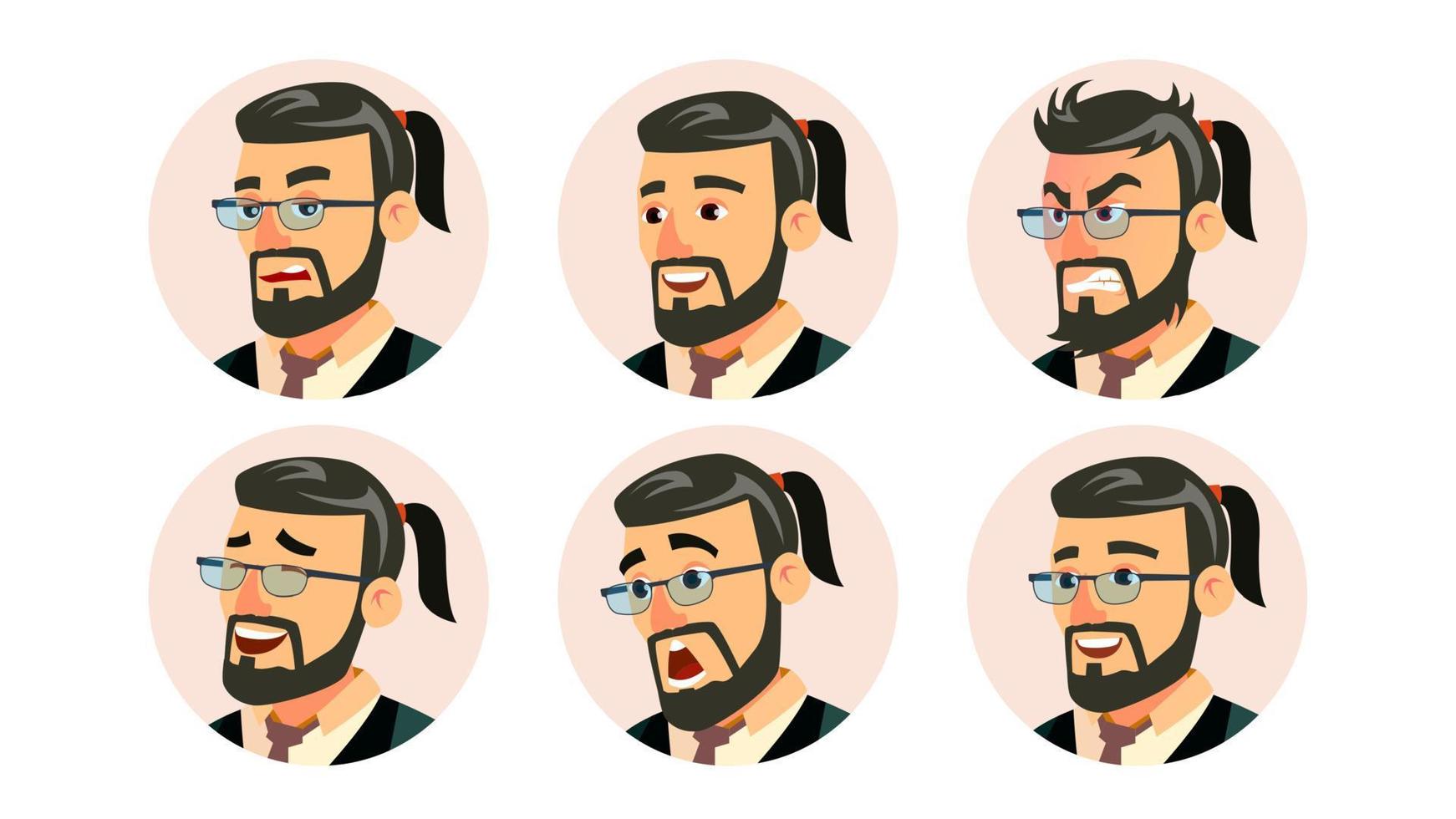 Boss CEO Character Business People Avatar Vector. Modern Office Bearded Boss Man Face, Emotions Set. Placeholder. Cartoon Comic Illustration vector