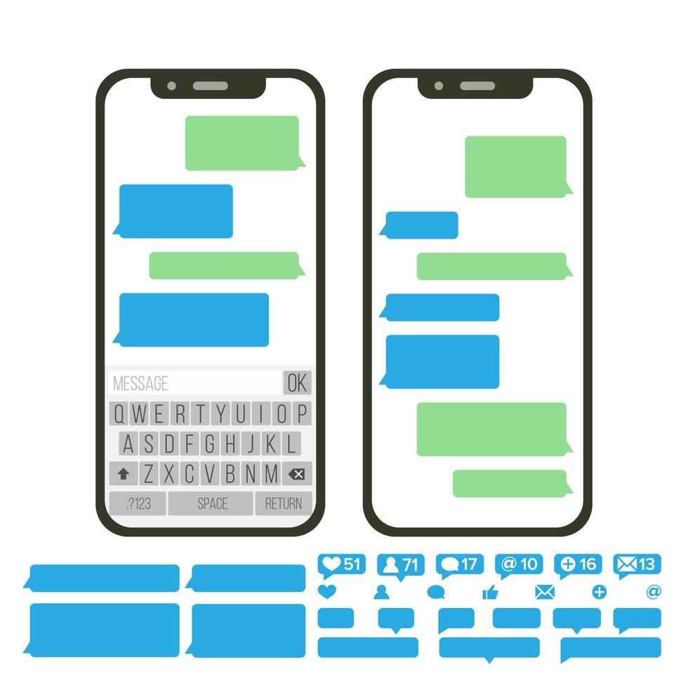 vector de mensajería de pantalla móvil. conjunto de burbujas de bot de chat. interfaz de mensajería de la aplicación móvil. concepto de comunicación smartphone con chat en pantalla. cuadros de texto vacíos. iconos de notificación. ilustración aislada