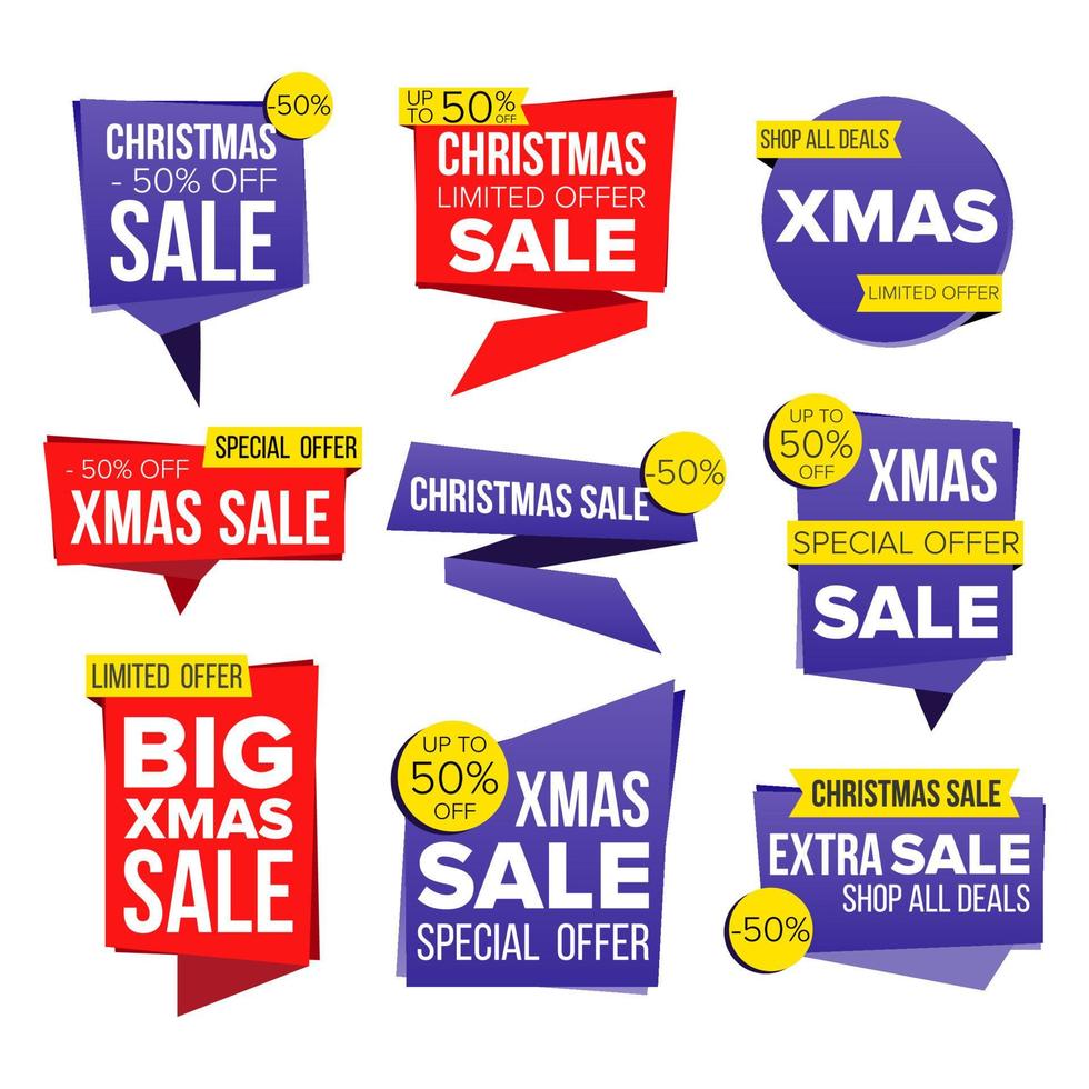 Christmas Sale Banner Set Vector. Discount Tag, Special Xmas Offer Banners. December Good Deal Promotion. Winter Discount And Promotion. Half Price Holidays Stickers. Isolated Illustration vector