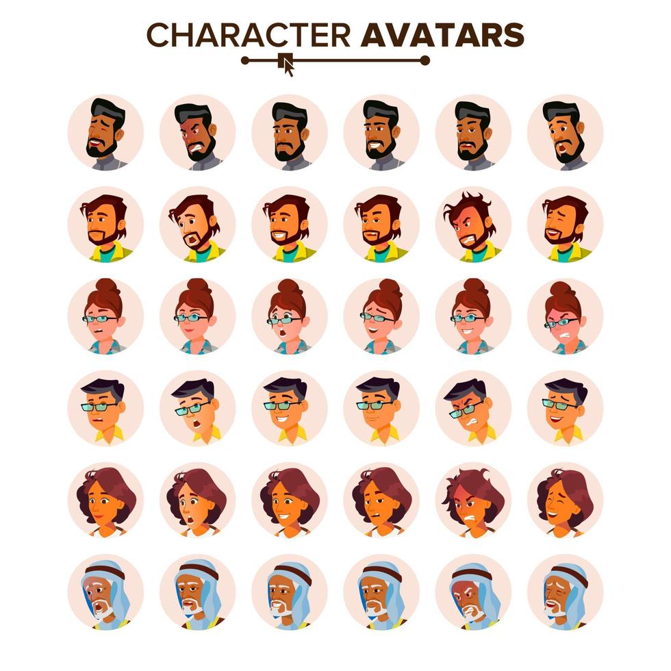 People Avatar Set Vector. Man, Woman. Circle Pictogram. Expressive Picture. Human Emotions. Stylish Image. Icon Placeholder. Casual Workman. Flat Cartoon Character Illustration vector