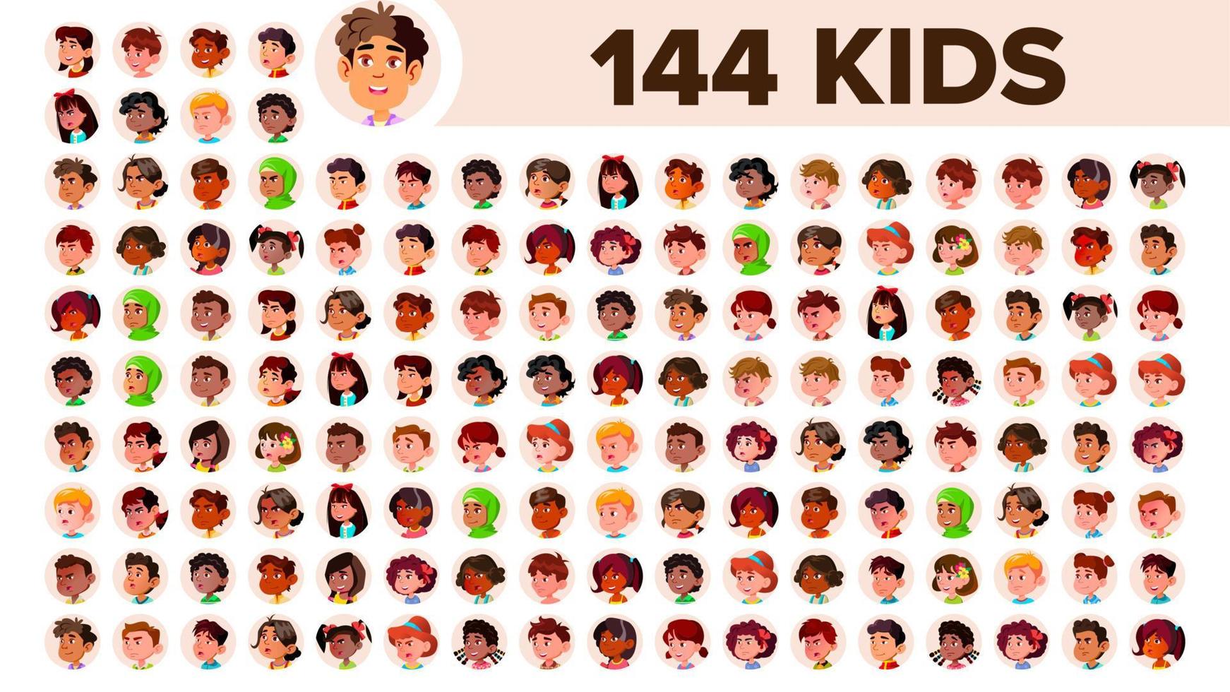 Kids Avatar Set Vector. Multi Racial. Face Emotions. Multinational User People Portrait. Male, Female. Ethnic. Icon. Asian, African, European, Arab. Flat Illustration vector