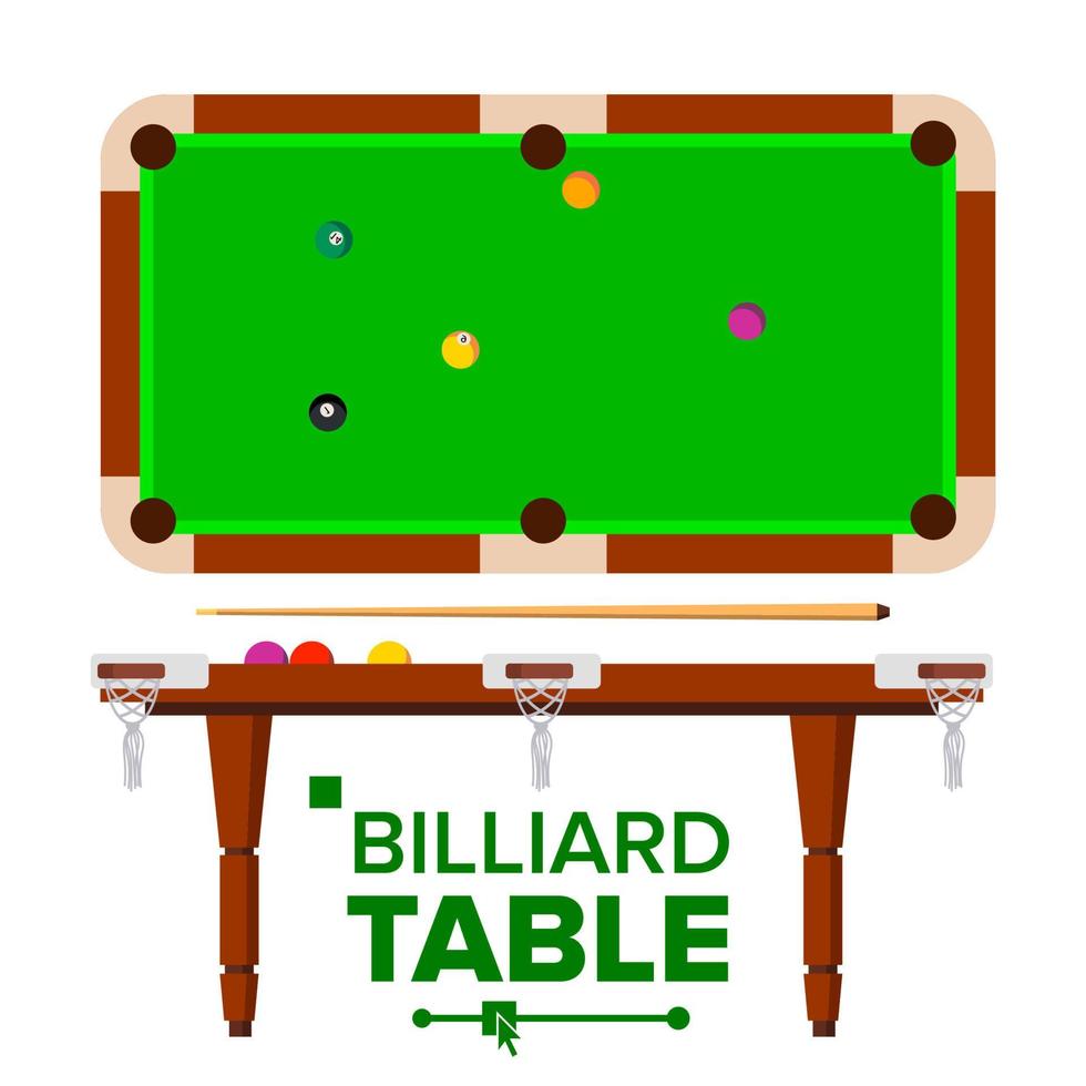 Billiard Table Vector. Top, Side View. Green Classic Pool, snooker Table. Isolated Flat Illustration vector