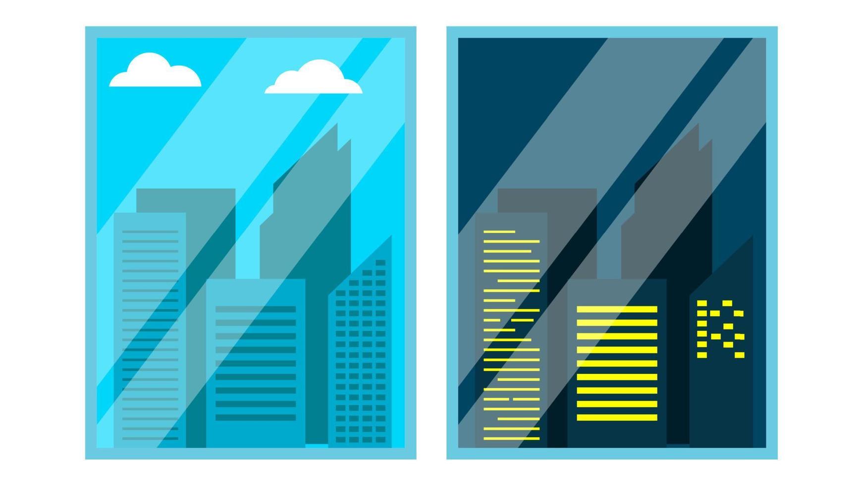 vector de vista de ventana diurna y nocturna. escena. rascacielos, cielo. luces de la ciudad de la oficina nocturna. vista de tiempo de ventana. mañana y tarde. ilustración aislada