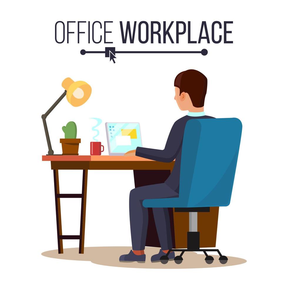 Office Workplace Concept Vector. Business Man Or Clerk Working At Office Desk. Flat Style Color Modern Vector Illustration