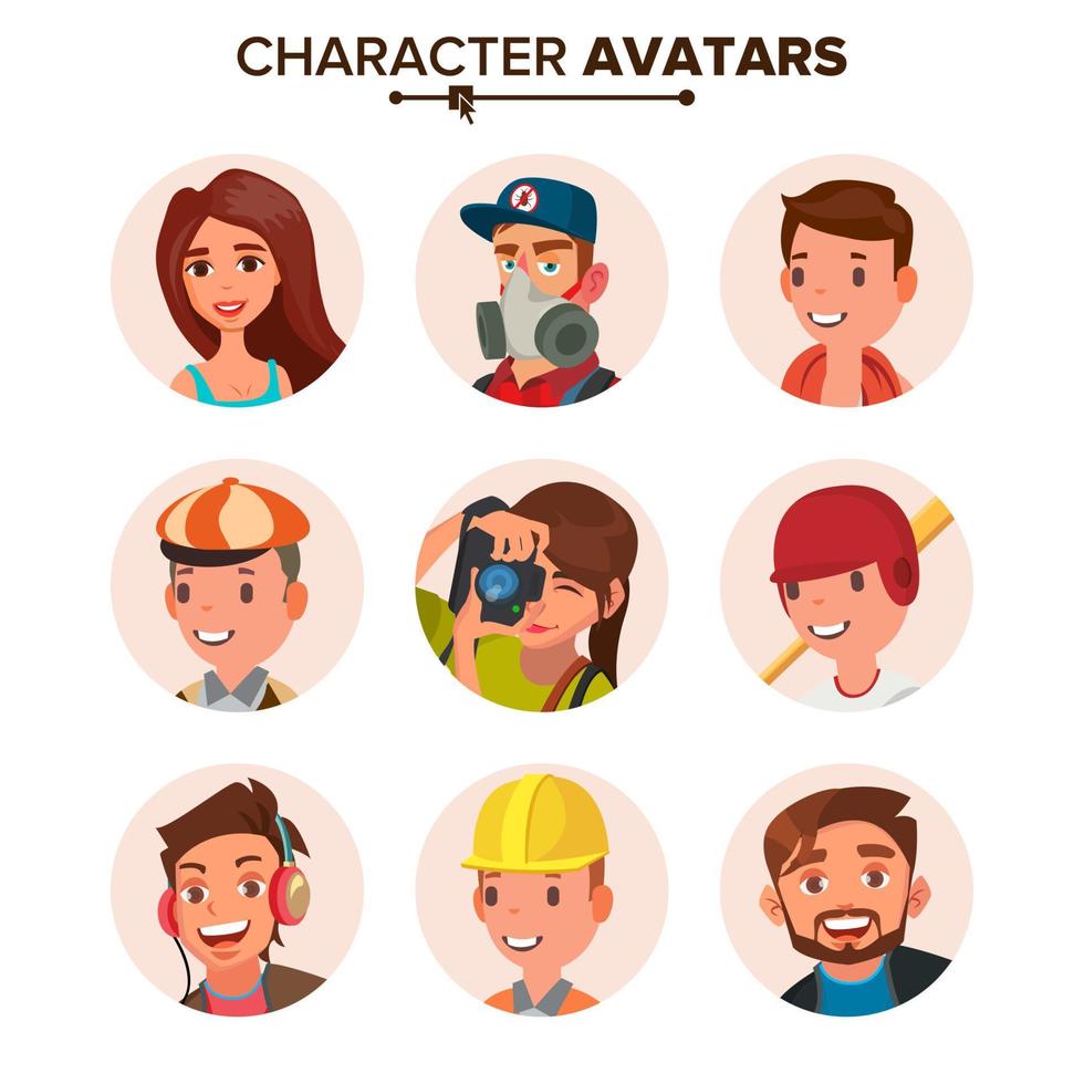 avatares de personas establecer vector. cara, emociones. colección de marcadores de posición de avatar de personajes predeterminados. dibujos animados, ilustración aislada plana de arte cómico vector