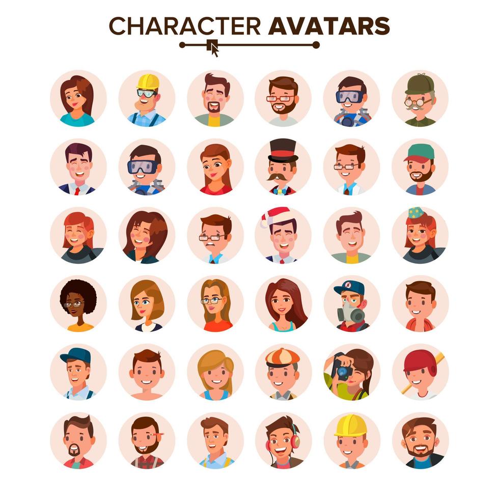 People Avatars Set Vector. Face, Emotions. Default Character Avatar Placeholder. Flat, Cartoon, Comic Art Flat Isolated Illustration vector