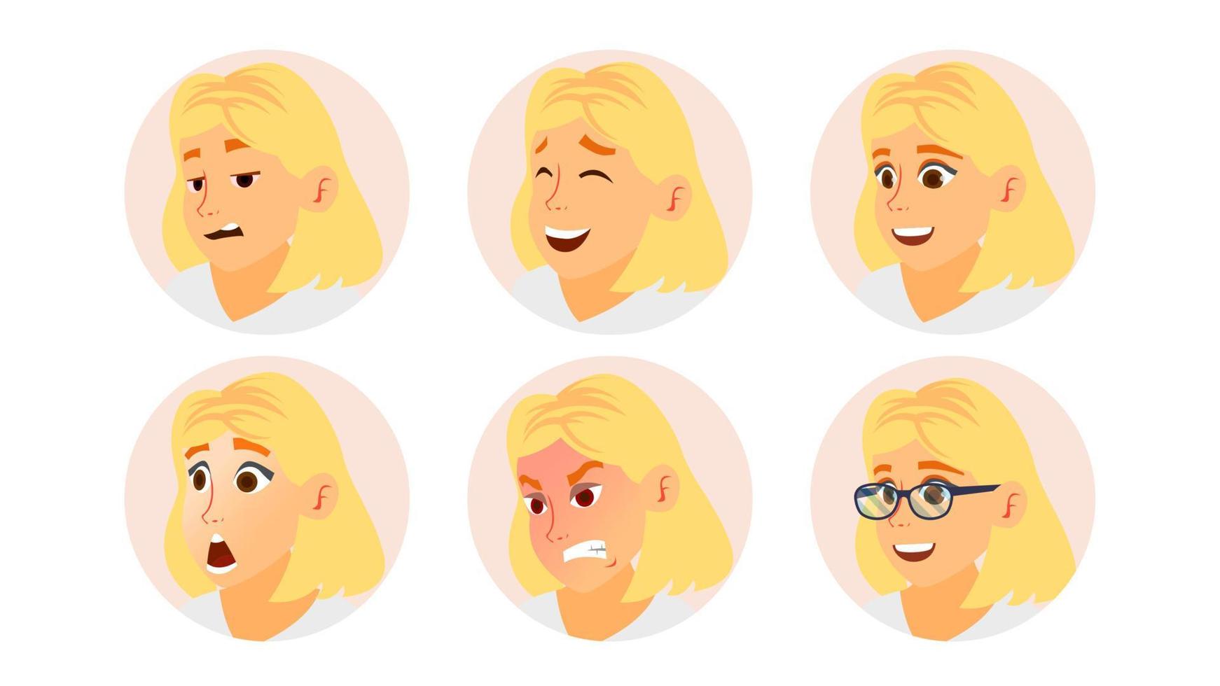 Business Woman Avatar Vector. Blonde Woman Face, Emotions Set. Female Placeholder. Modern Business Girl Avatar Set. Comic Face Art Isolated Illustration vector