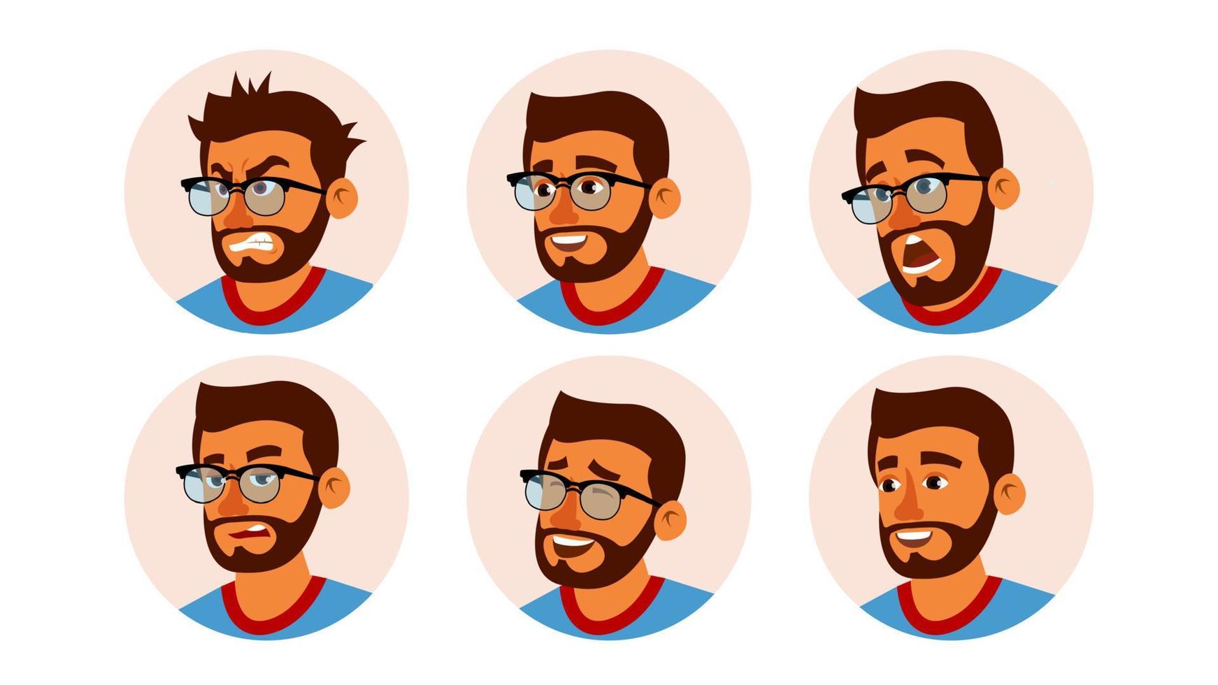vector de avatar de gente de negocios de carácter hindú. cara de hombre barbudo, conjunto de emociones. marcador de posición de avatar creativo. dibujos animados, ilustración de arte cómico