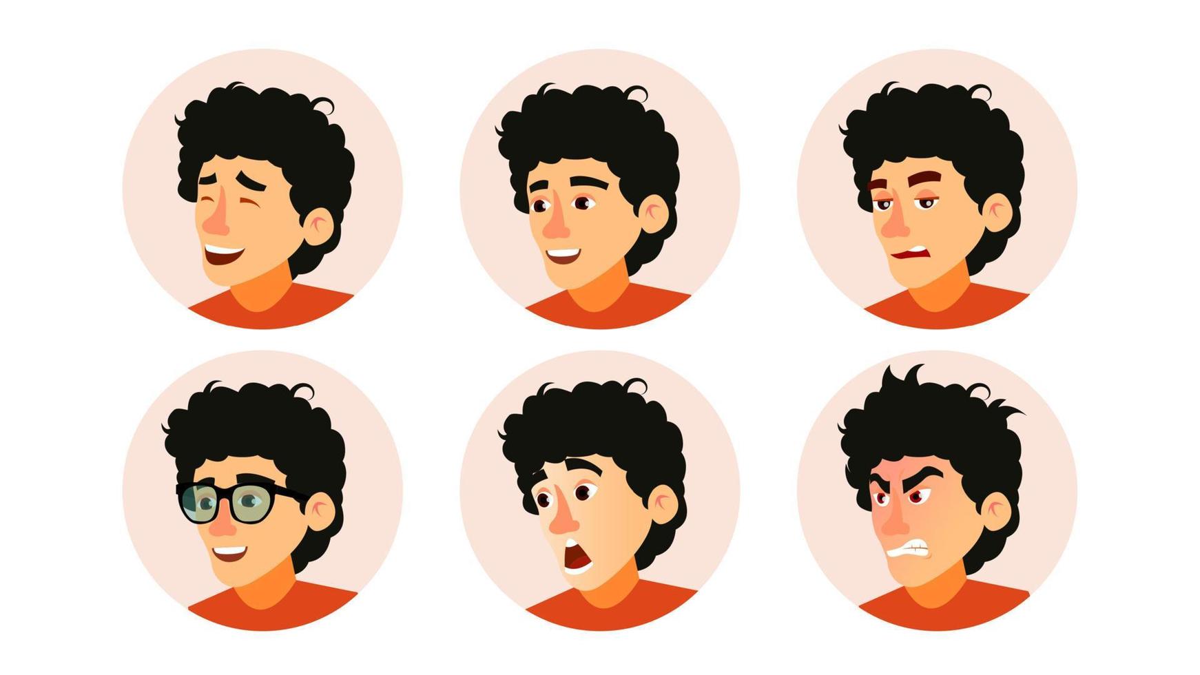 Junior Character Business People Avatar Vector. Developer Teen Man Face, Emotions Set. Creative Avatar Placeholder. Cartoon Flat Illustration vector