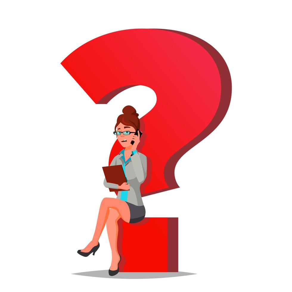 Question Mark Business Woman Vector. Thinking. Find Next Job, Project. HR. Sitting On Question Mark. Isolated Cartoon Illustration vector
