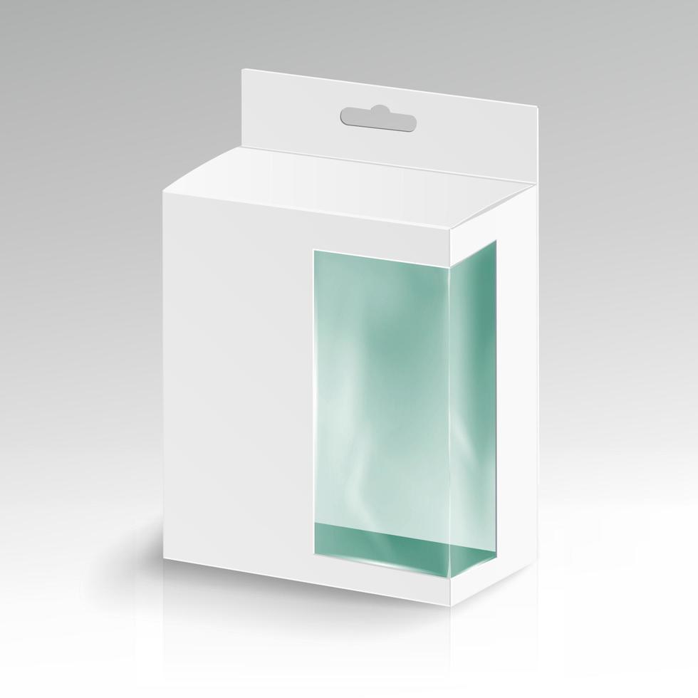 White Blank Cardboard Rectangle Vector. White Package Box With Transparent Plastic Window. Product Packing vector