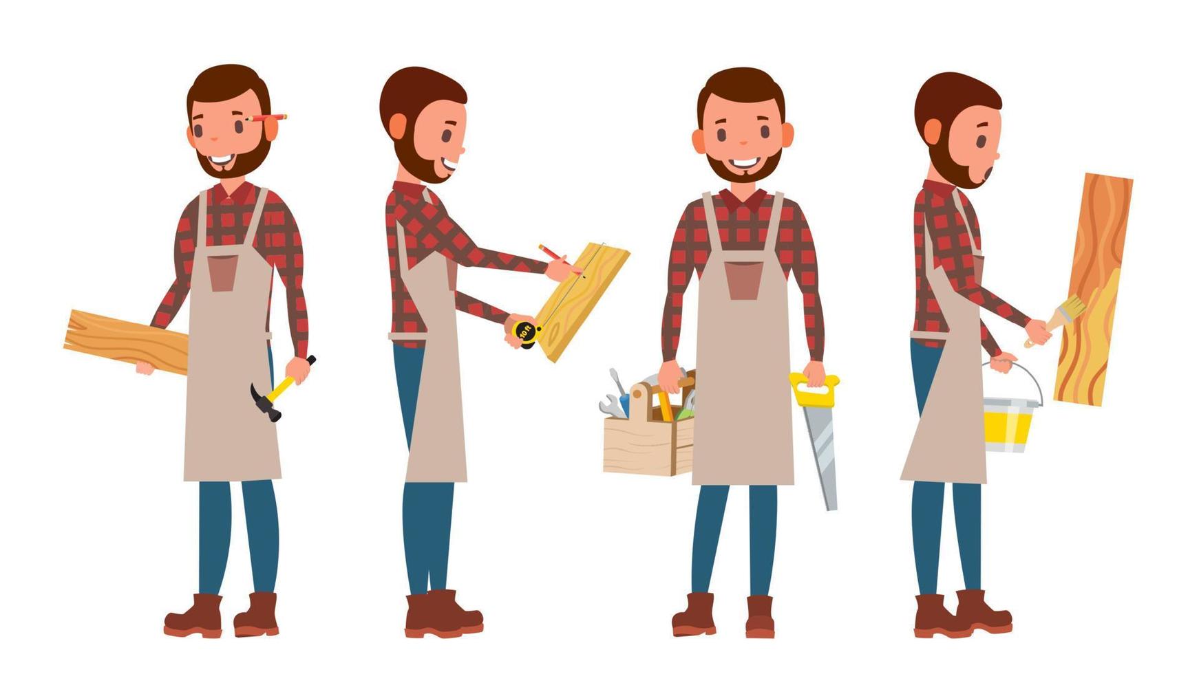 Carpenter Vector. Worker. Different Poses. Full Length. Flat Cartoon Illustration vector