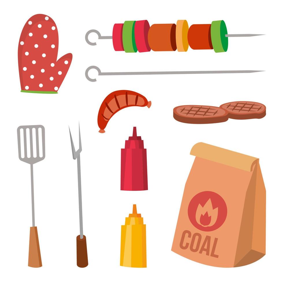 conjunto de accesorios de barbacoa vector. salsa, mostaza, tenedor, carbón, guante, filete, kebab, salchichas. ilustración de dibujos animados aislados vector