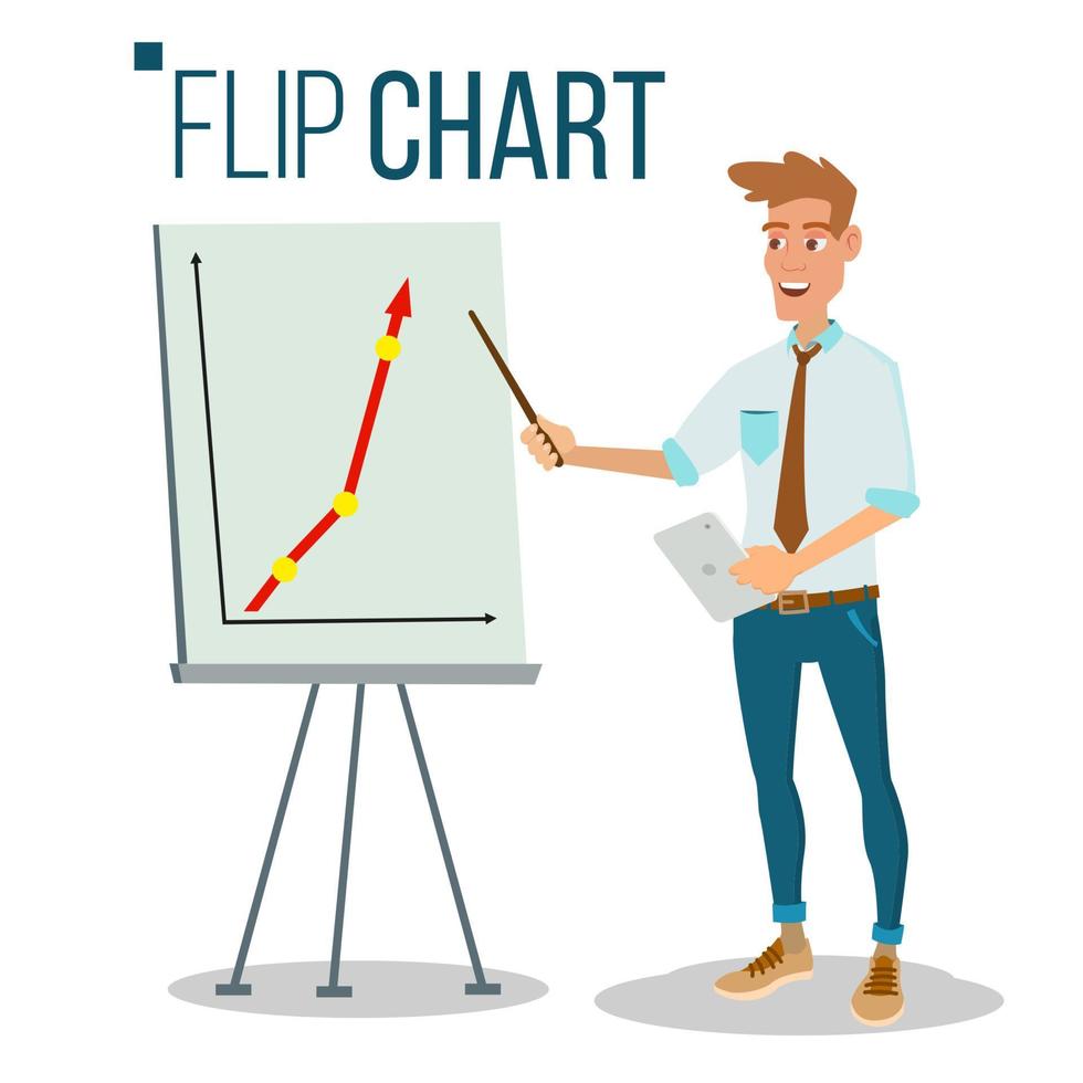 Flip Chart Seminar Concept Vector. Man Showing Presentation. Flat