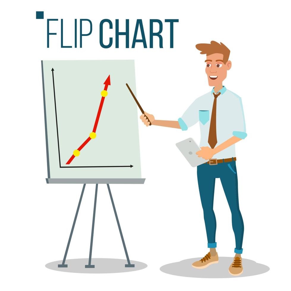 Flip Chart Seminar Concept Vector. Man Showing Presentation. Flat Cartoon Isolated Illustration. Business Info Graphic. Pie Graph, Briefcase vector
