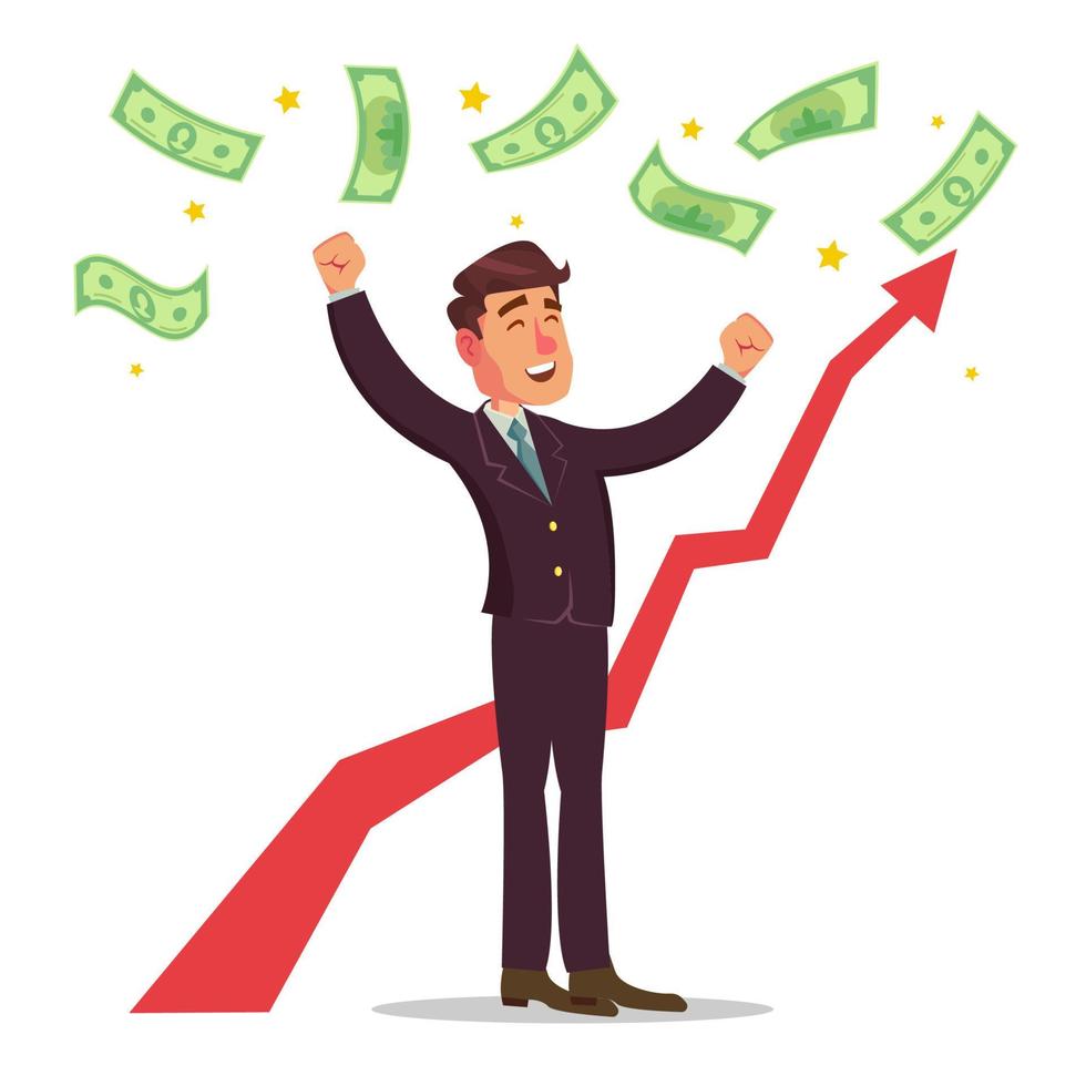 Happy Businessman Vector. Money Bills Falling. Office Worker Getting A Lot Of Money. Poster With Winner Cheerful Manager. Isolated Character Cartoon Illustration vector
