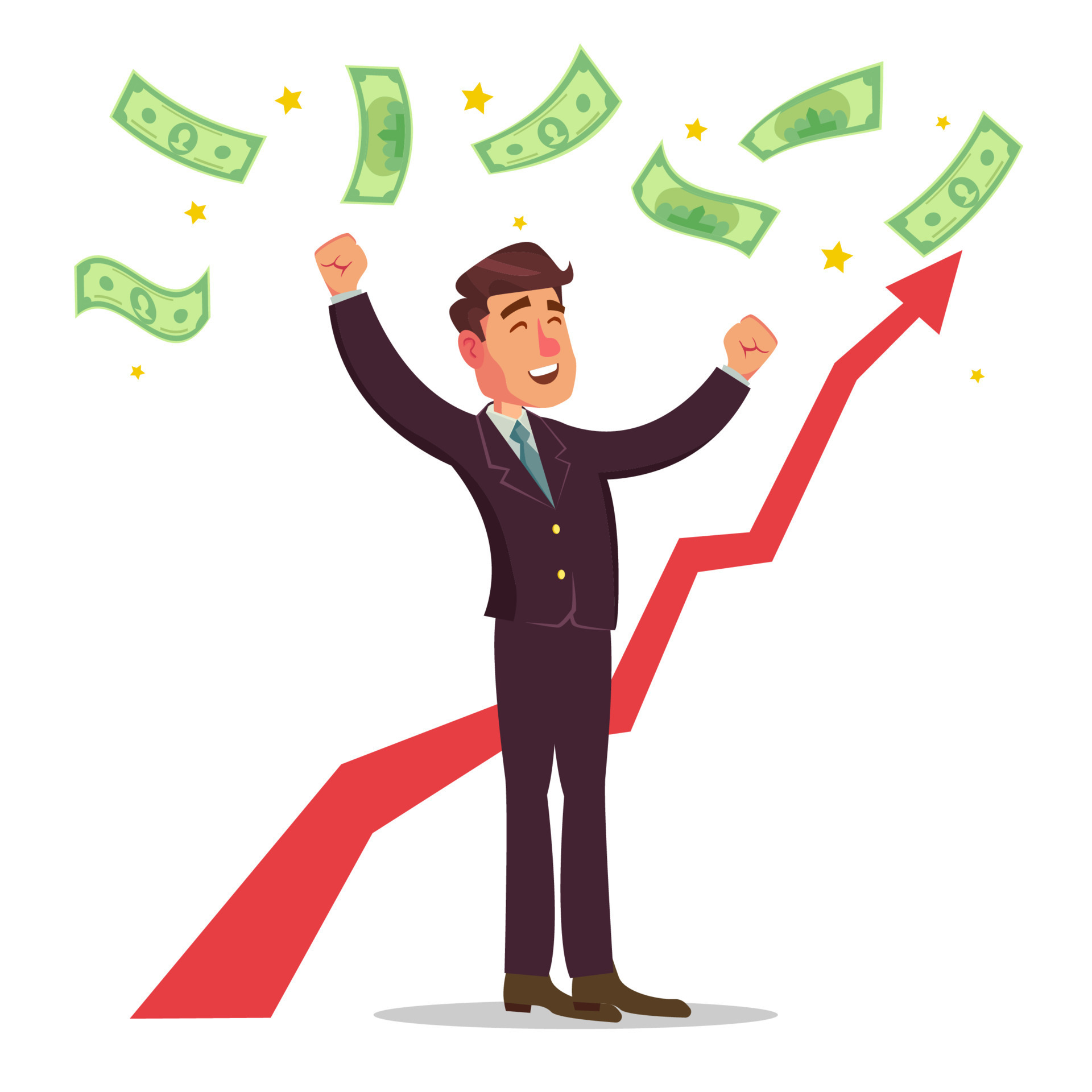 Happy Businessman Vector. Money Bills Falling. Office Worker Getting A