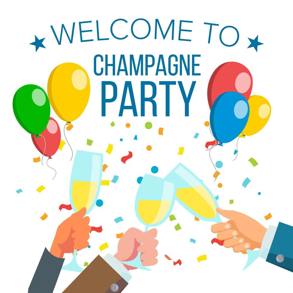 Champagnes Office Party Vector. Champagne Bottle, Confetti Explosion. Hand With Glasses. Isolated Illustration vector