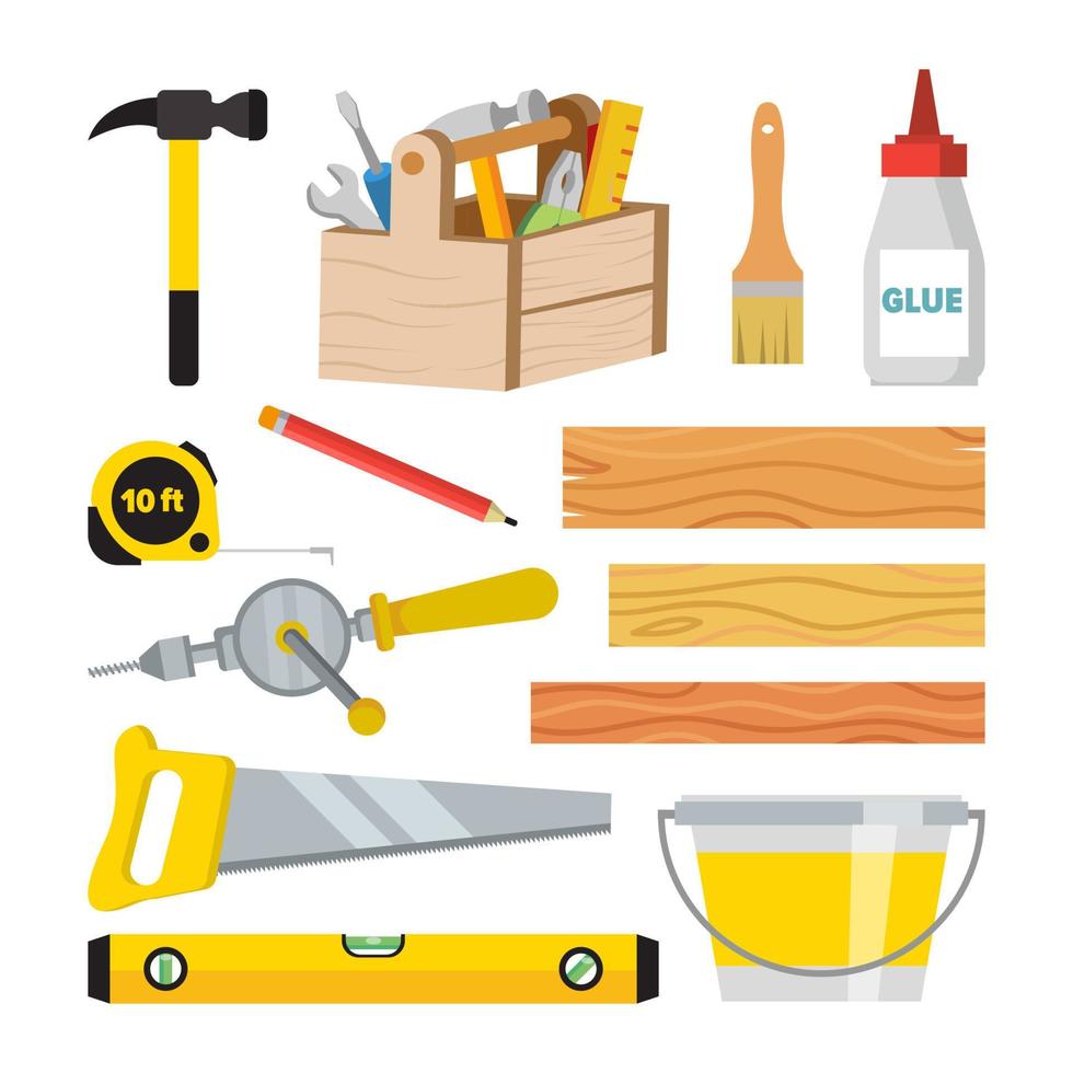 Carpentry And Woodwork Tools Set Vector. Repair And Building Accessories. Board, Hammer, Toolbox, Brush, Glue, Pencil, Tape Measure, Saw, Ruler, Bucket, Drill. Isolated Flat Cartoon Illustration vector