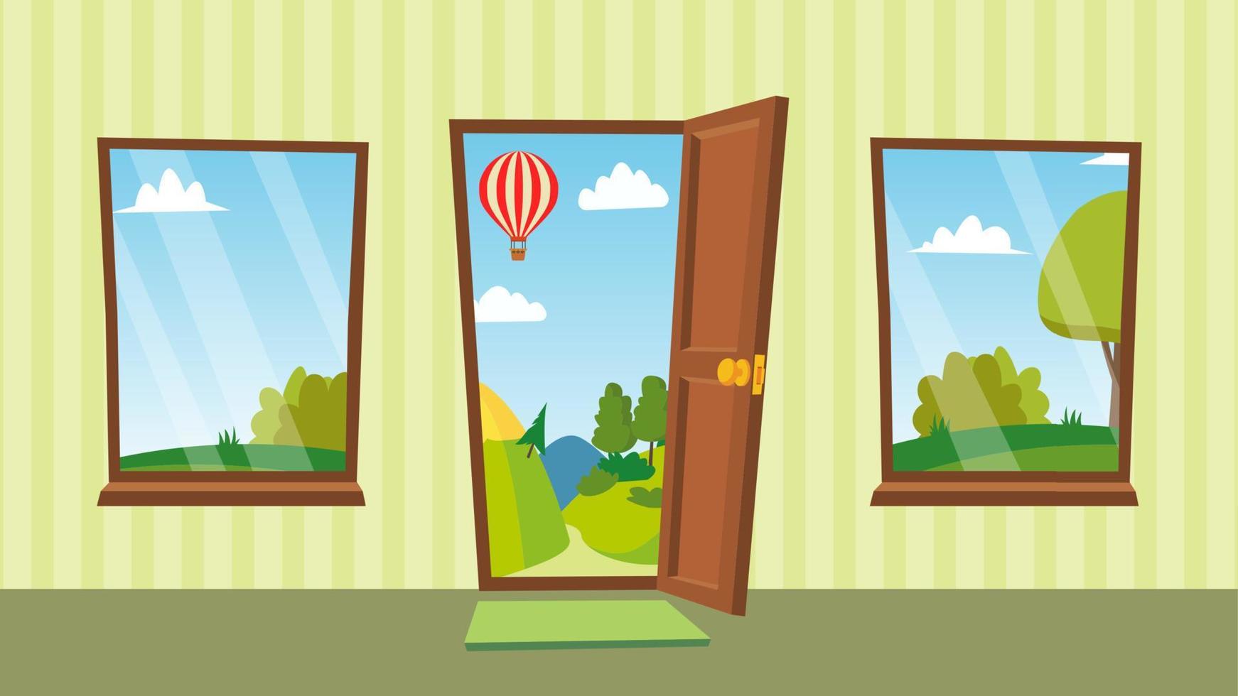 Opened Door And Windows Vector. Cartoon Flat Summer Landscape. Home Interior. Front View. Freedom Concept. Isolated Illustration. vector