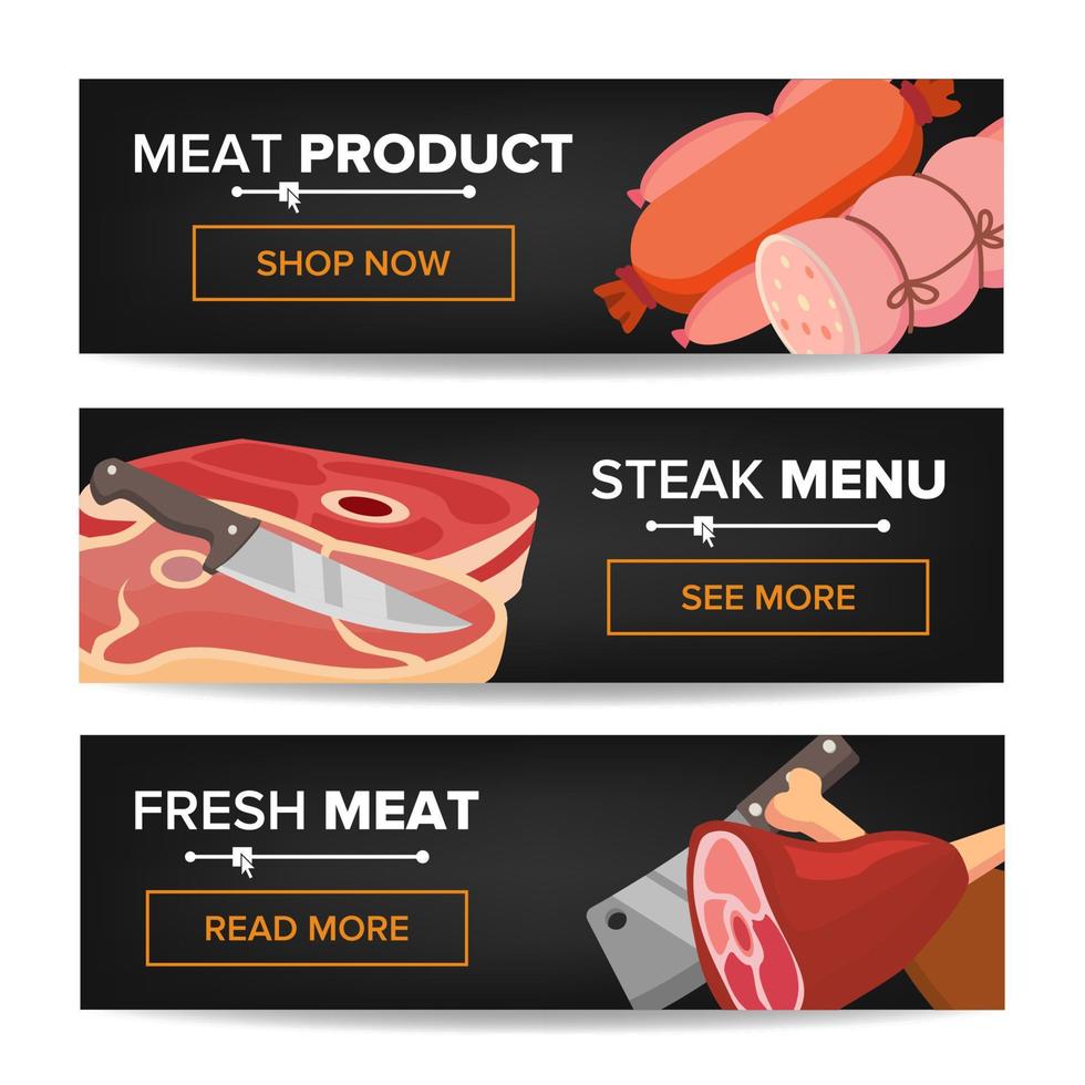 Meat Product Horizontal Promo Banners Vector. Beef And Pork Sausage. For Butcher Shop Promo. Isolated Illustration vector