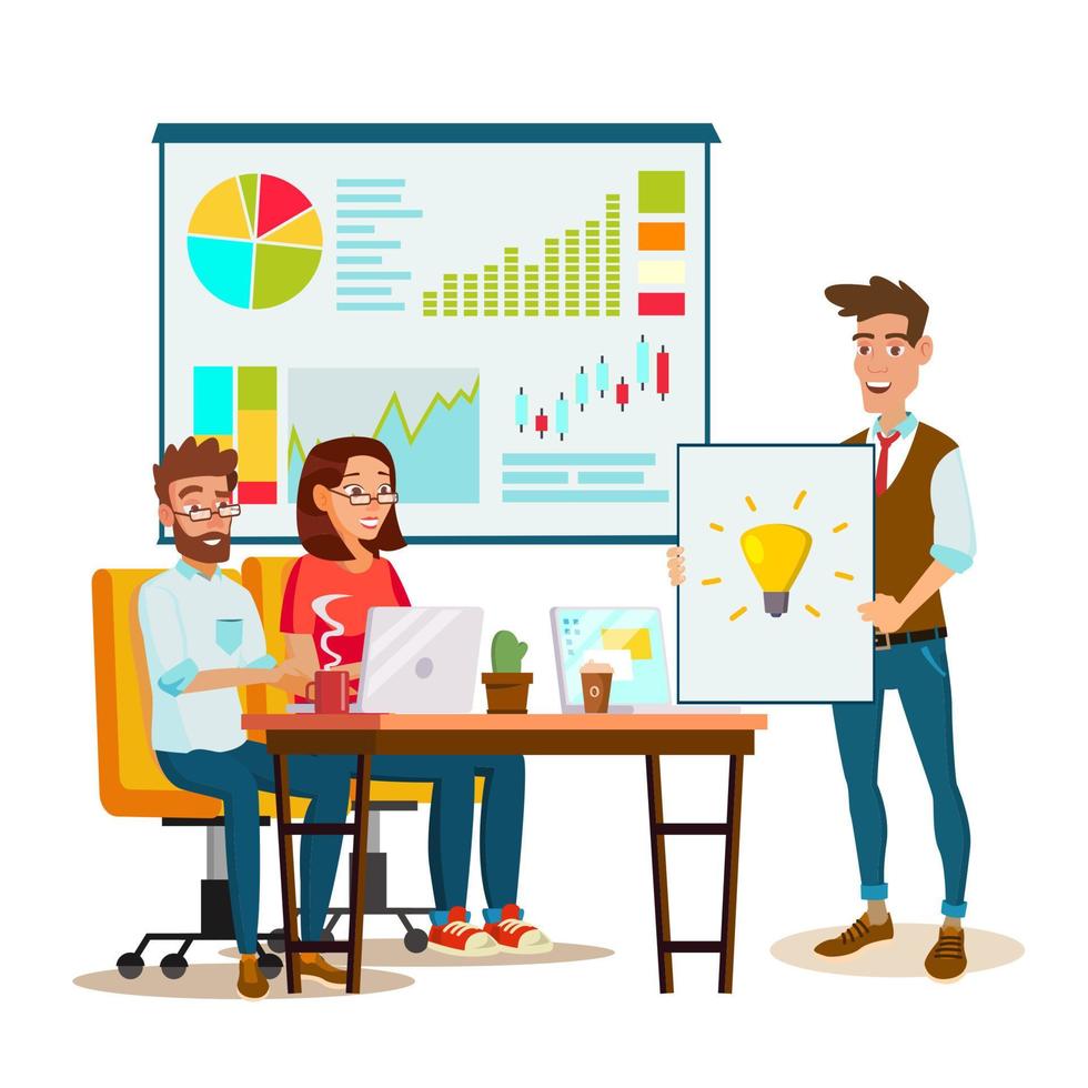 Brainstorming Process Vector. Teamwork Staff Around Table. Creative Team Idea. Group Of Businessmen Meeting. Marketing Research. Flat Isolated Cartoon Illustration vector