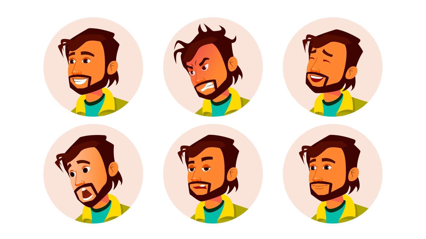 hombre avatar personas vector. emociones faciales. marcador de posición predeterminado. miembro de color indio. enojado, sonrisa. silueta de la cara. ilustración de personaje de dibujos animados vector