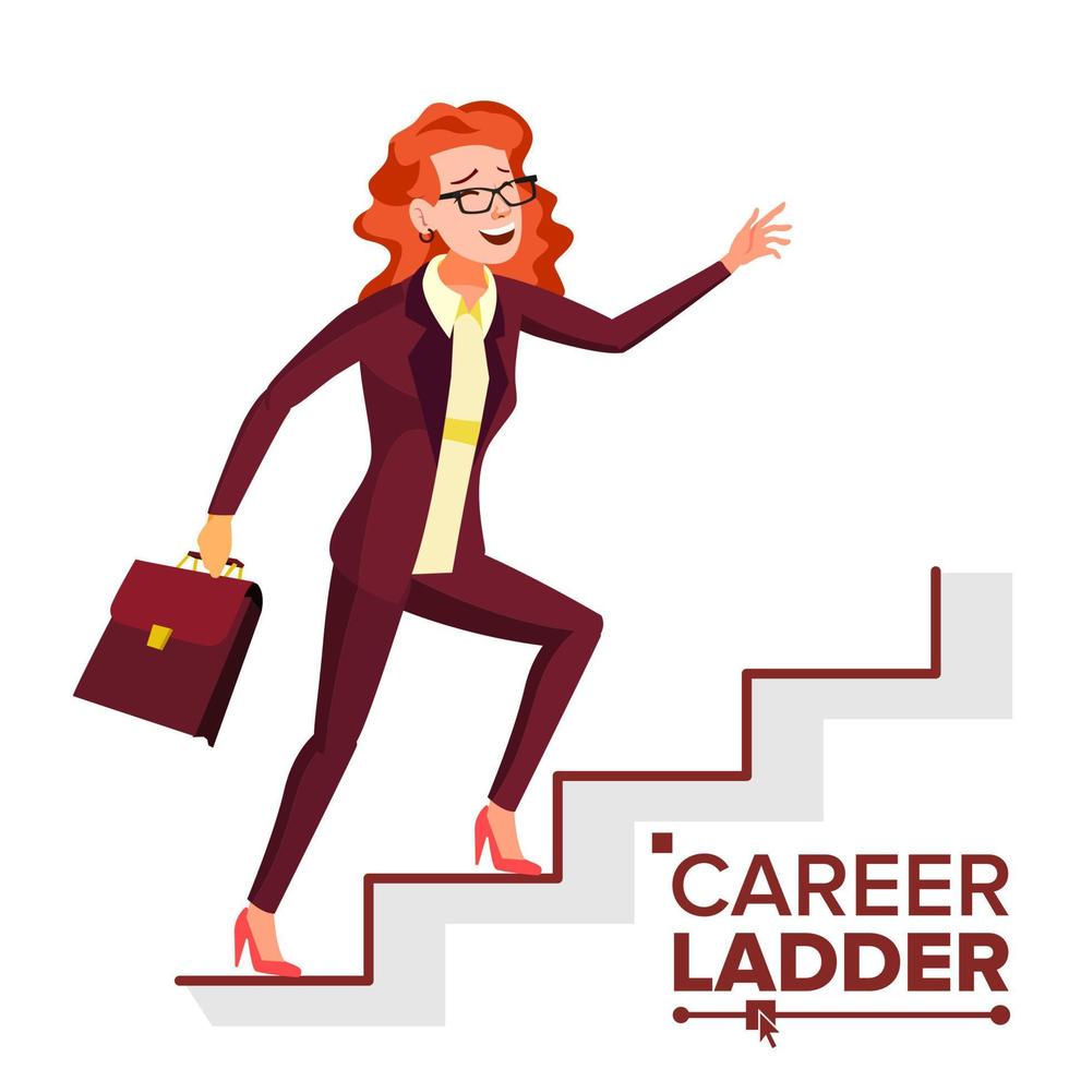 Business Woman Climbing Career Ladder Vector. Fast Growth. Stairs. Job Success Concept. Step By Step. Isolated Cartoon Illustration vector