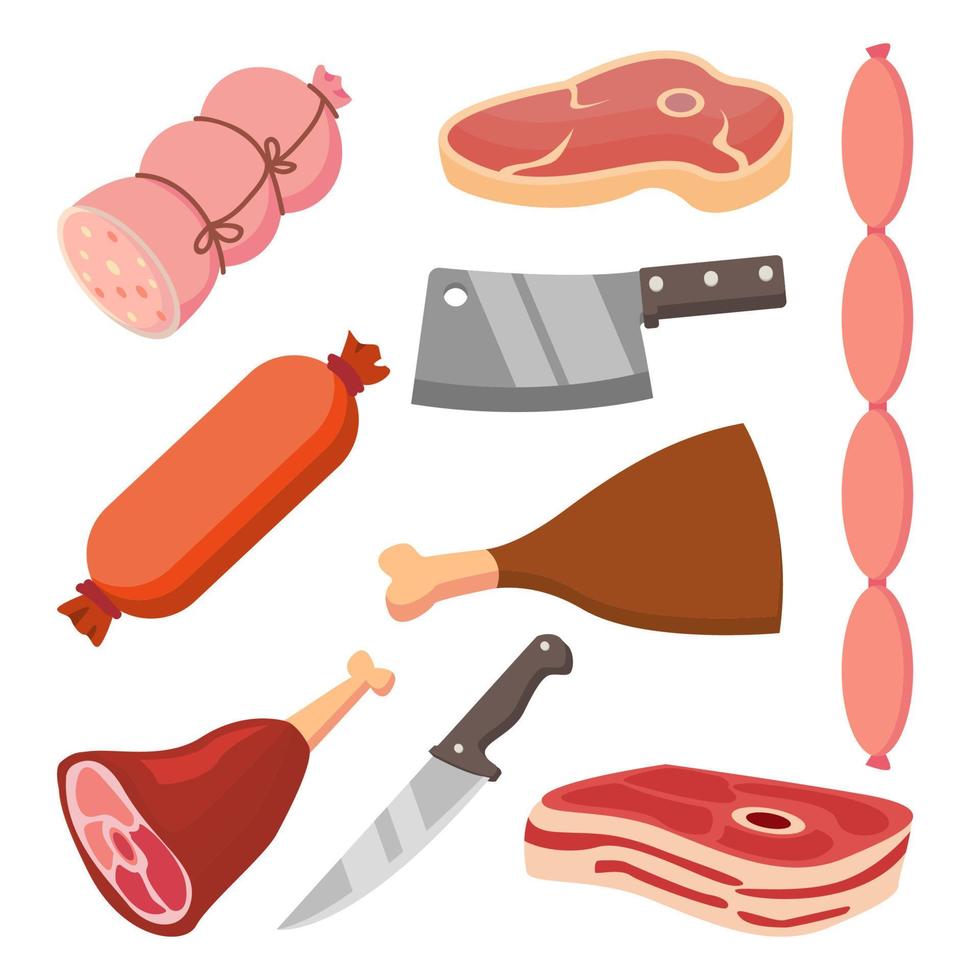 conjunto de vectores de carne fresca. salchichas, cuchillo. iconos de comida plana. ilustración de dibujos animados aislados