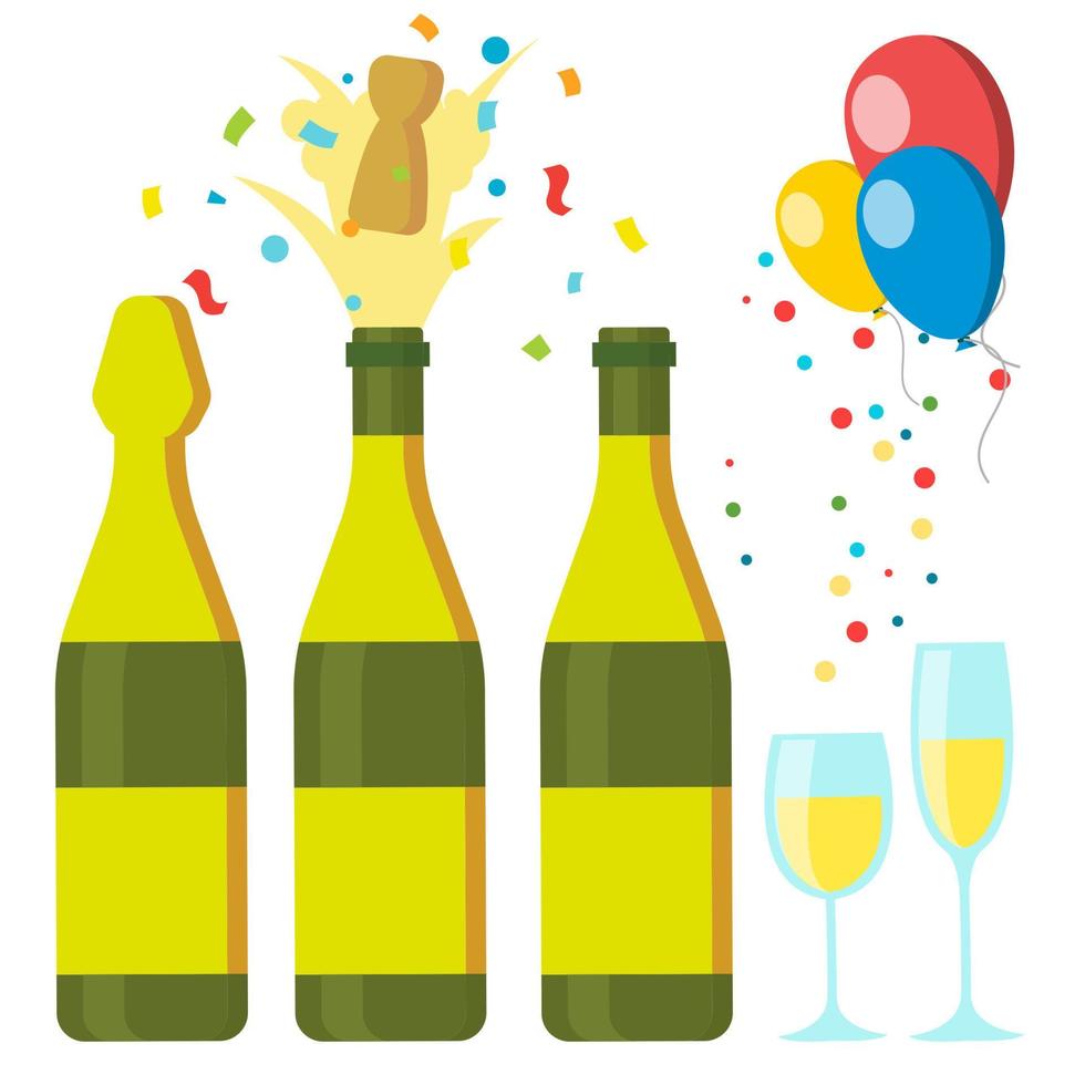 Champagnes Party Vector. Design Elements. Champagne Bottle Explosion. Confetti. Blue Glasses. Isolated Illustration vector