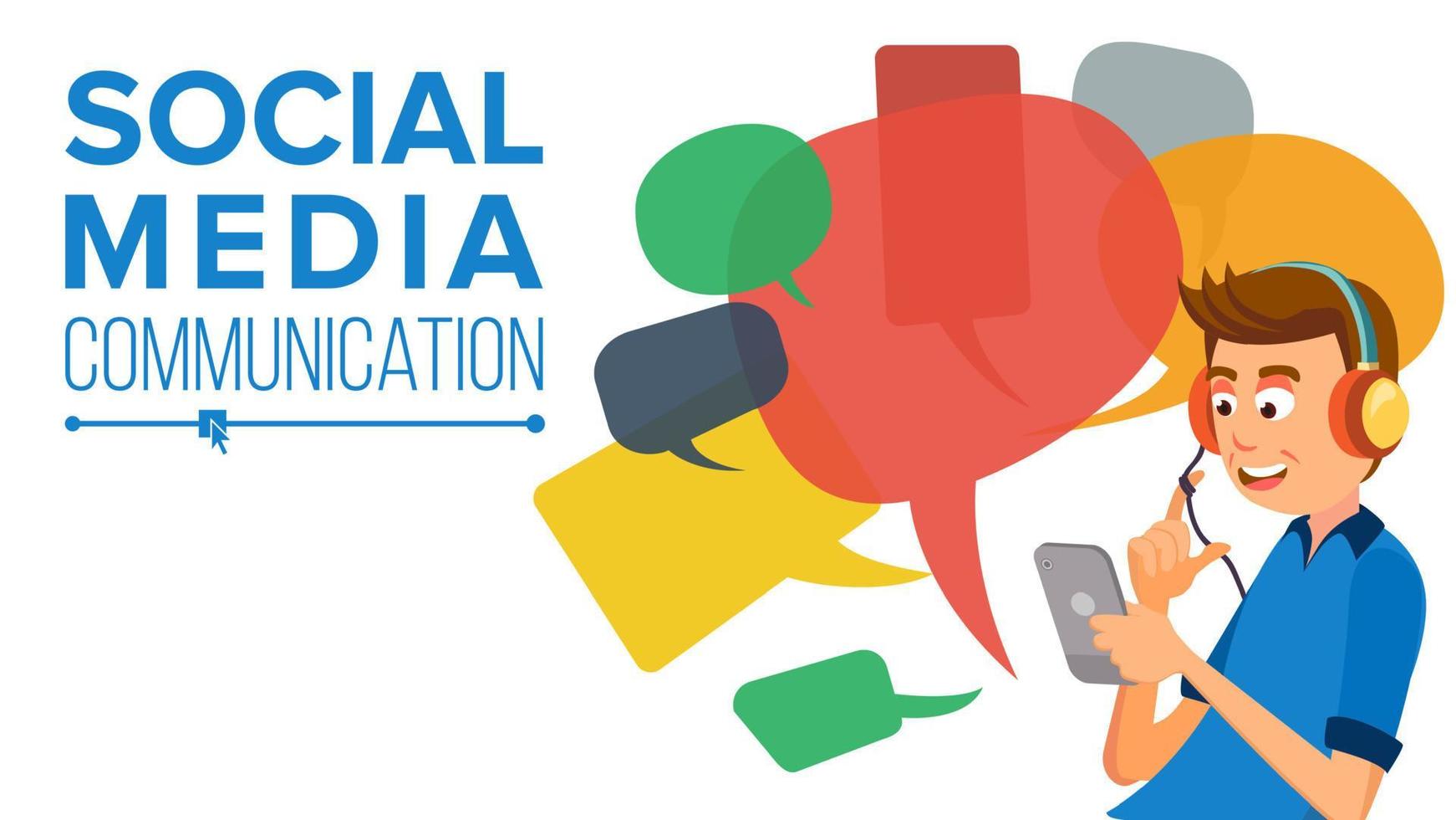 Teen Boy Messaging Vector. Communicate On Internet. Using Smartphone. Colorful Chat Bubbles. Social Media Lifestyle Concept Illustration vector