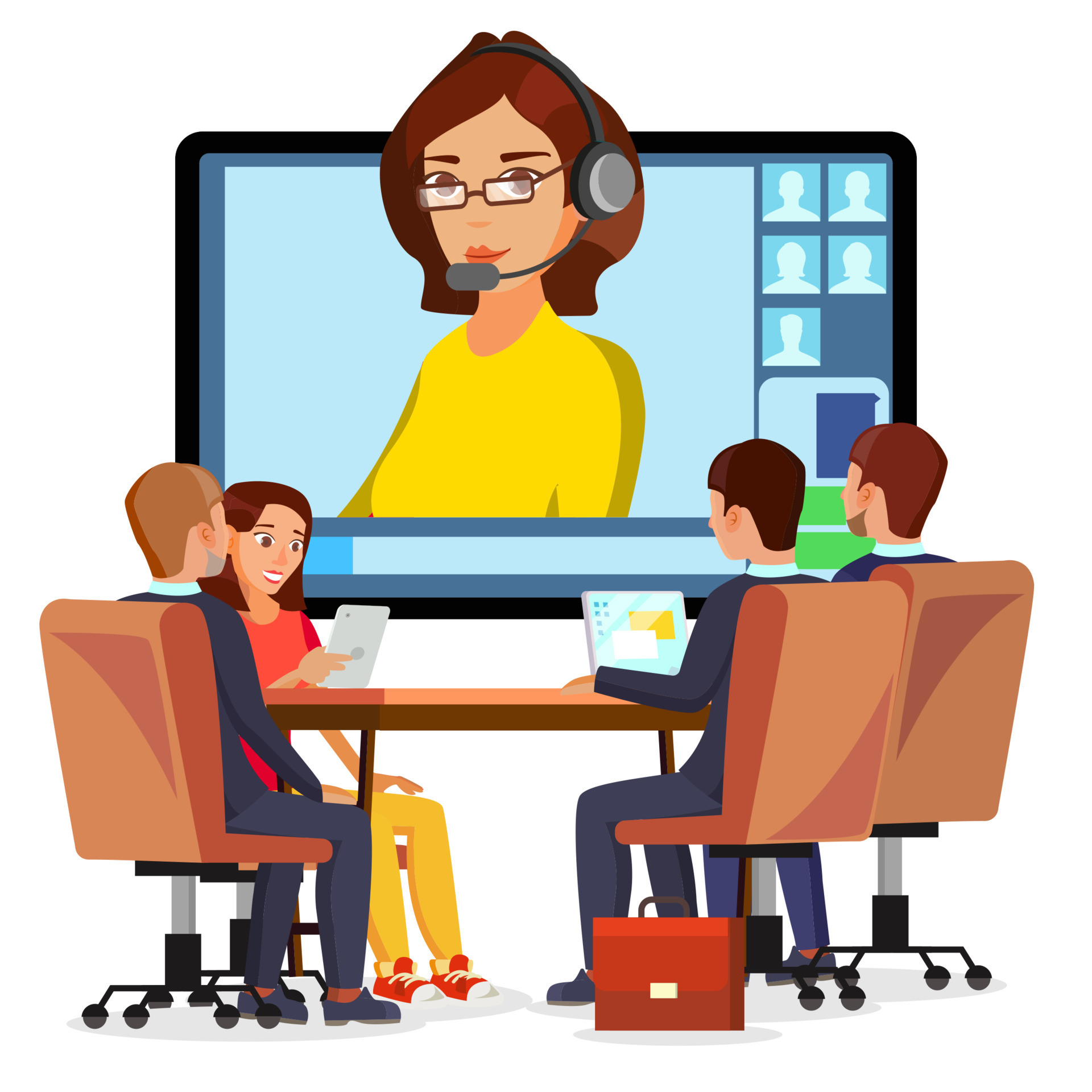 Video Meeting Online Vector. Woman And Chat. Ceo And Employees. Business  Meeting, Consultation, Conference Office, Seminar, Online Training Concept.  Flat Cartoon Isolated Illustration 17369958 Vector Art at Vecteezy