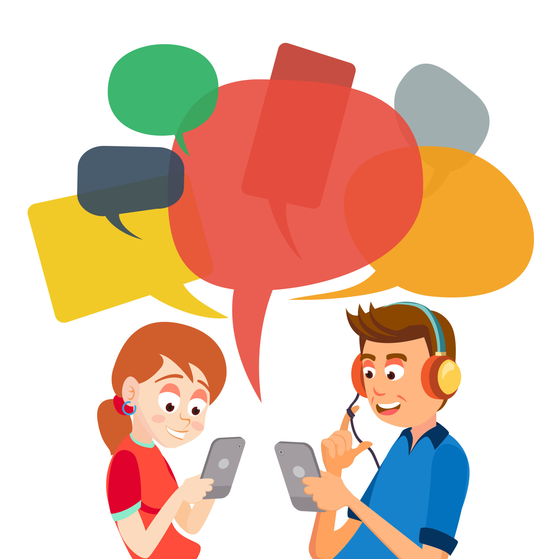 Group of people chatting online. Mobile app messenger. Cellphone screen  with friends talking by internet. Using smartphone for virtual meeting with  boy, girl, colleague, relatives. Vector illustration Stock Vector