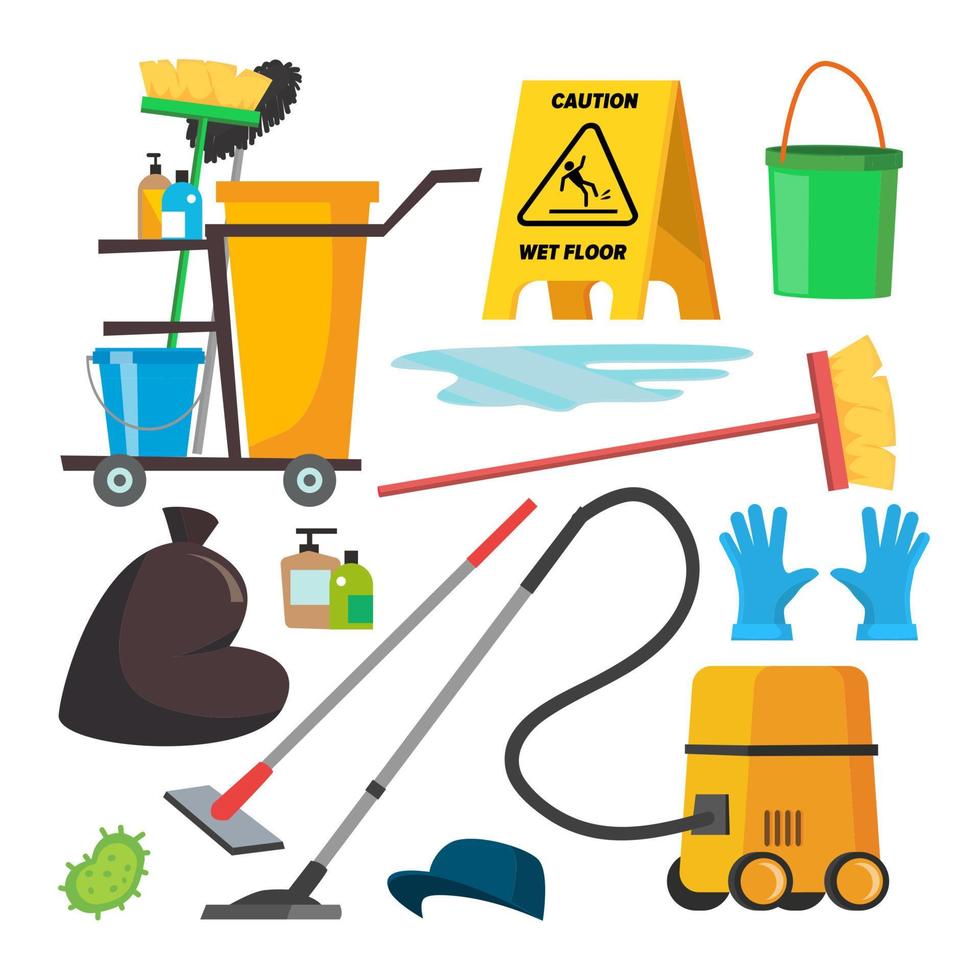 Cleaning Supplies Vector. Professional Commercial Cleaning Equipment Set. Cart, Vacuum Cleaner. Isolated Flat Illustration. vector