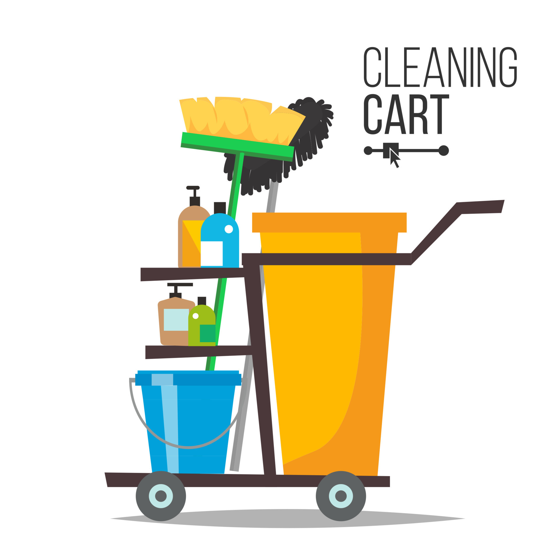 Cleaning Cart Vector. Classic Trolley Cleaning Service Cart. Broom