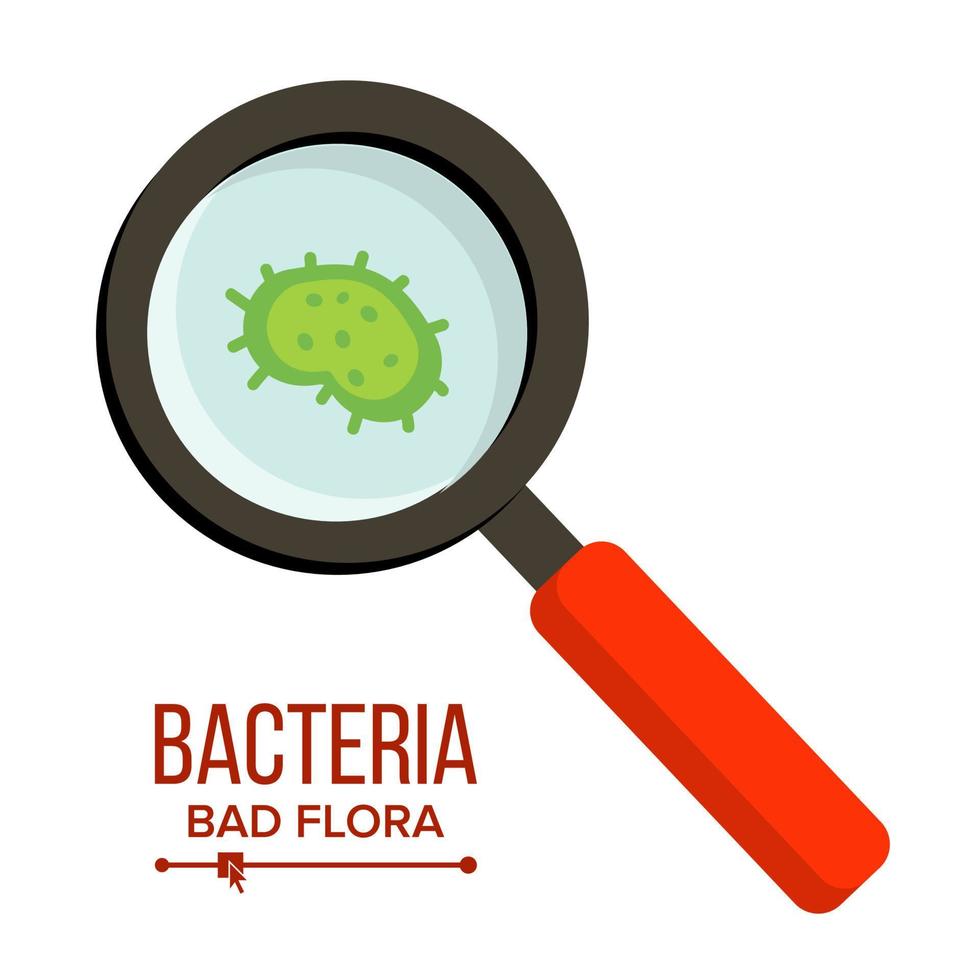 magnifer y vector de gérmenes. las bacterias firman a través de la lupa. microbios higiene, salud pública, concepto de riesgo de enfermedad. ilustración plana aislada