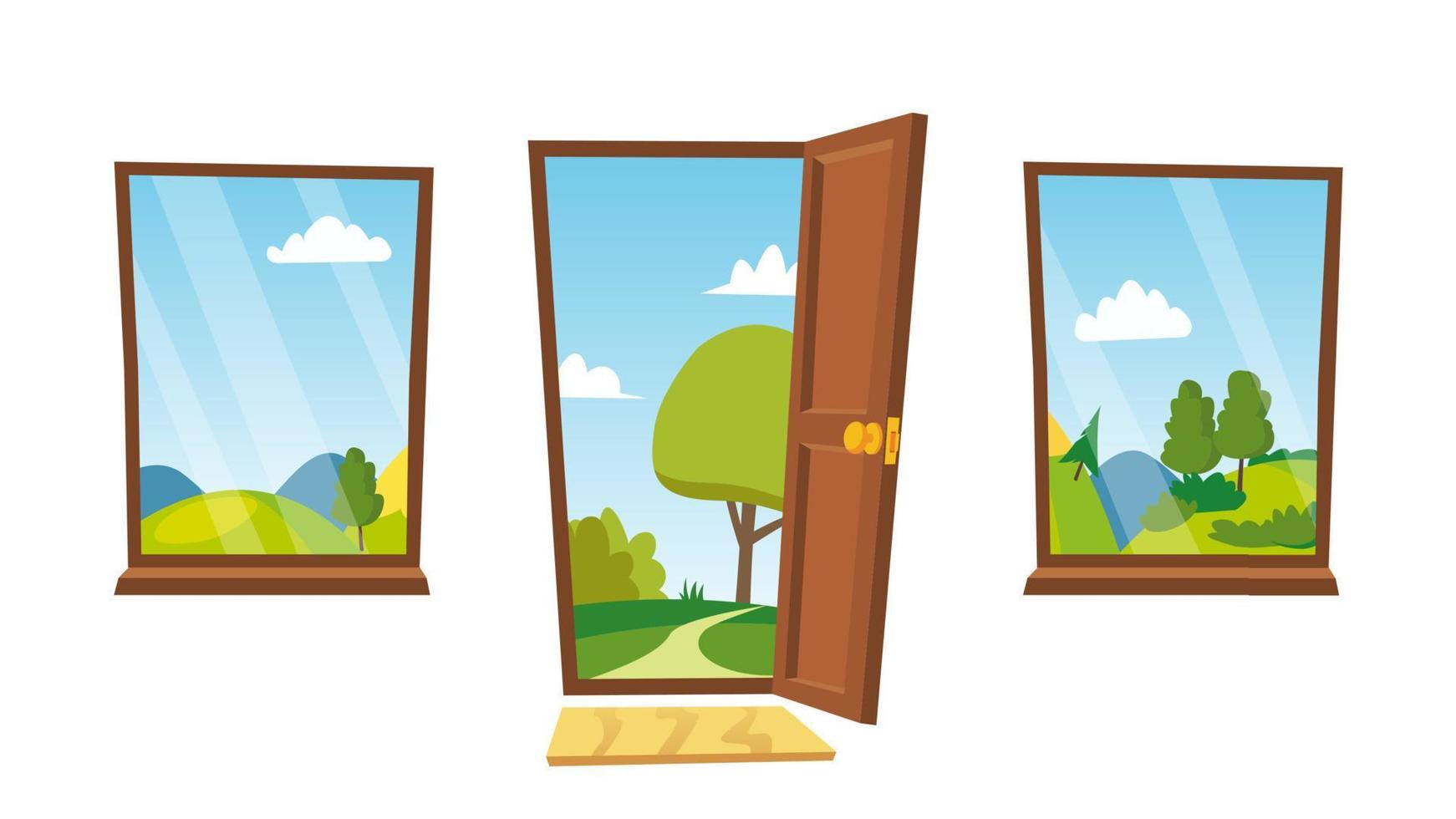 Open Door And Windows Vector. Cartoon Landscape. Front View. Home Interior. Flat Isolated Illustration. vector