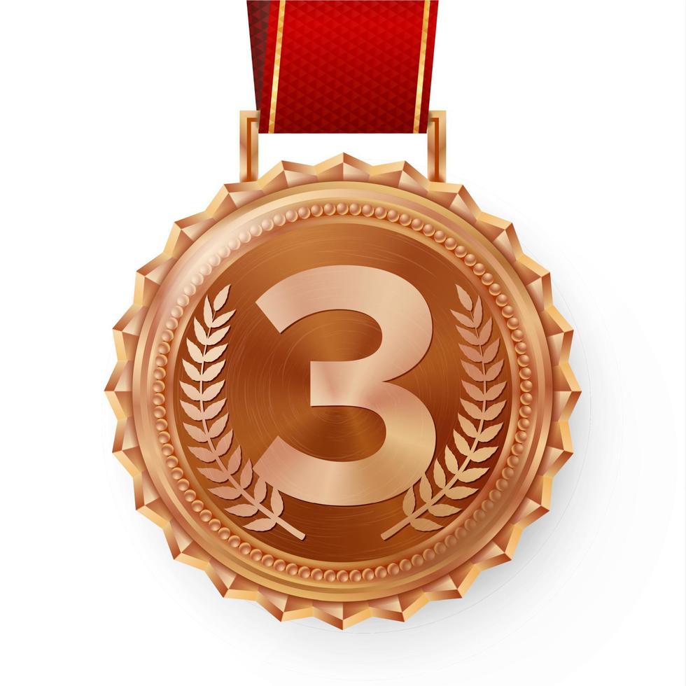 vector de medalla de bronce. Bronce, insignia de cobre del 3er lugar. premio al desafío de bronce del juego deportivo. listón rojo. aislado. rama de olivo. ilustración realista.