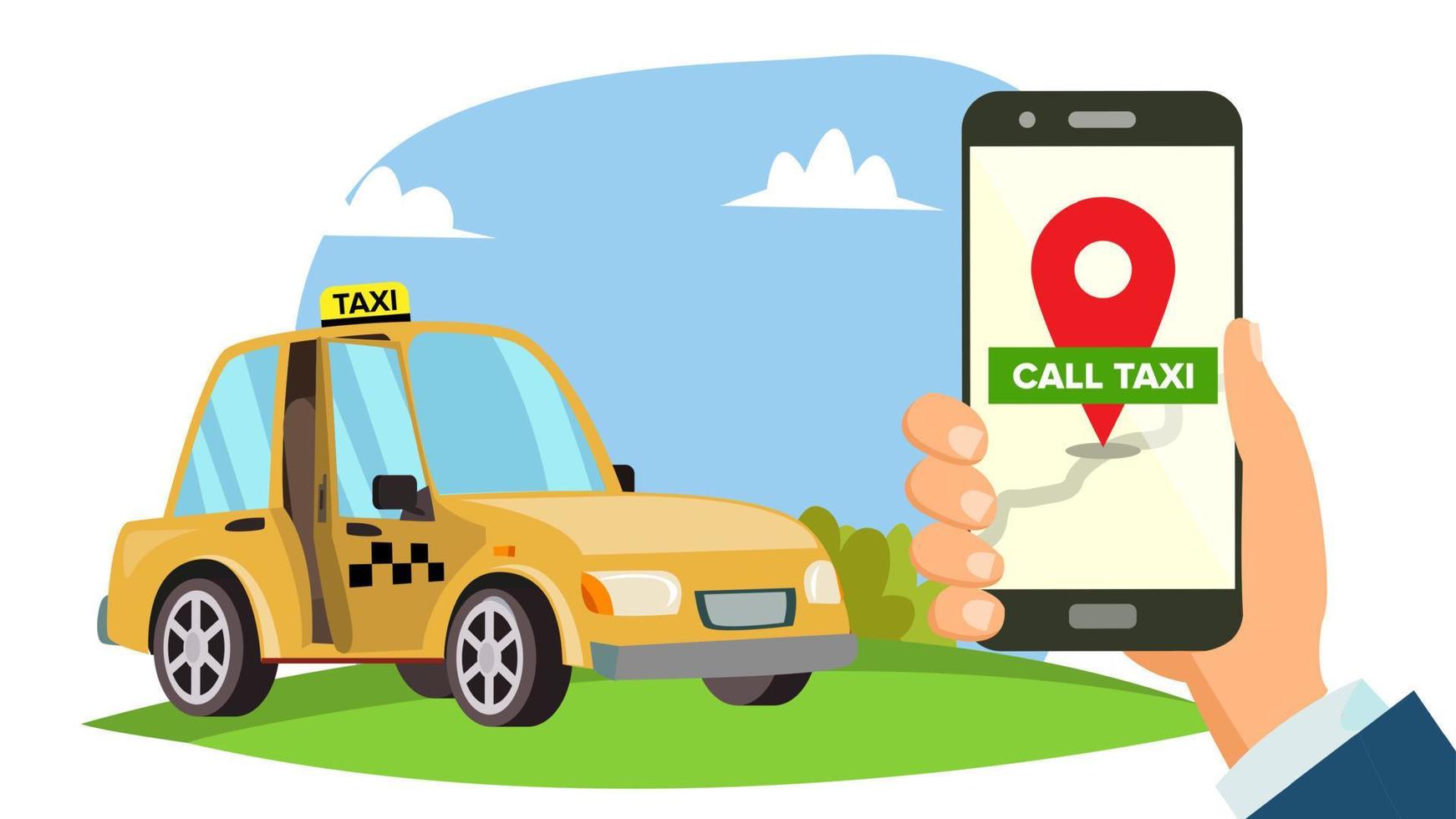 Order Taxi App Vector. Hand Holding Smartphone. Call A Taxi Mobile Concept. Application For Ordering Taxi. Flat Illustration vector