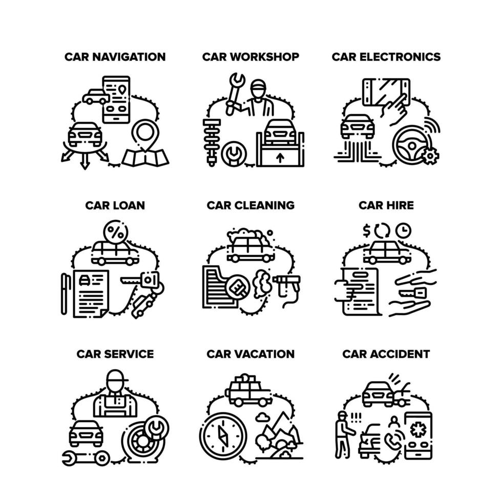 servicio de reparación de automóviles establecer iconos vector negro ilustración