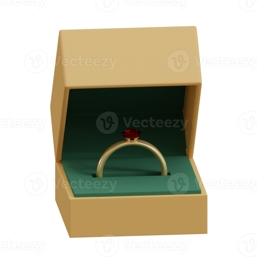 3d rendered golden ring with a red diamond in a box perfect for valentine's design project png