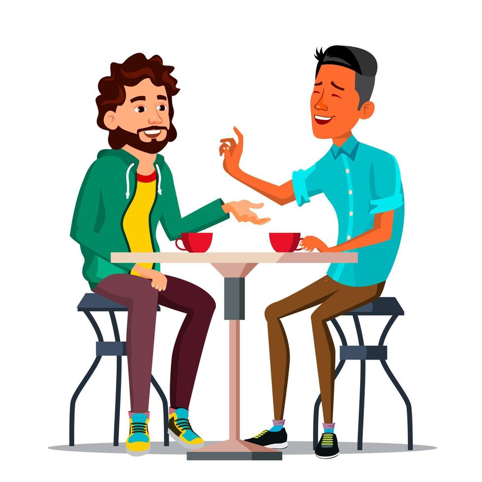 Friends In Cafe Vector. Two Man. Drinking Coffee. Bistro, Cafeteria. Coffee Break Concept. Lifestyle. Communication, Laughter. Isolated Cartoon Illustration vector